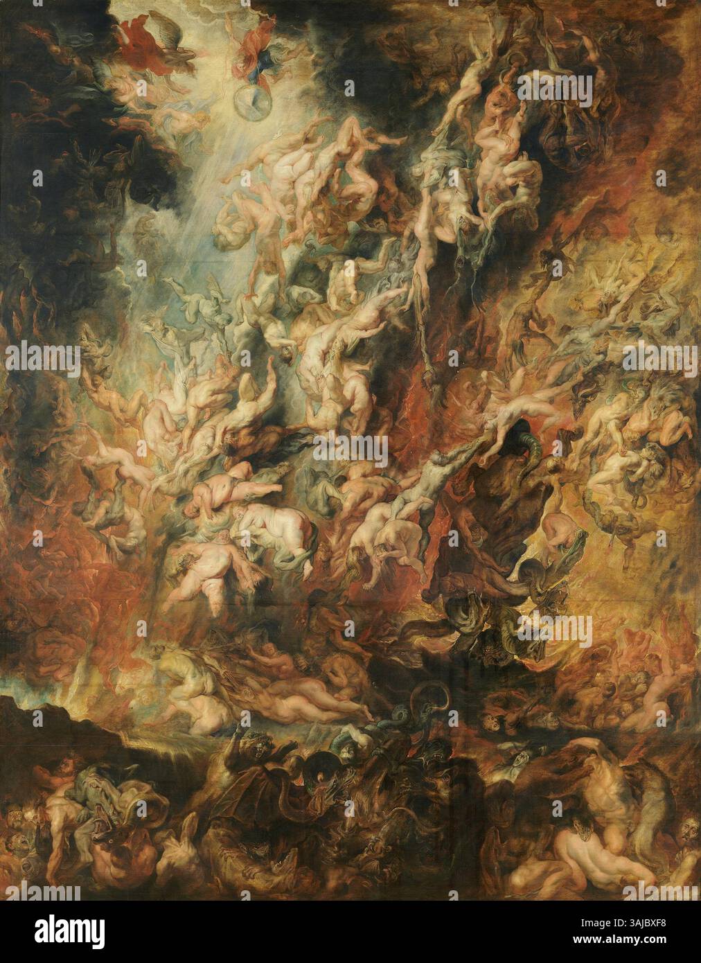 La caduta dei dannati di Peter Paul Rubens (1621 circa) cattura il drammatico momento della dannazione, con angeli e demoni che combattono sulle anime dei condannati. L’azione intensa e i colori vivaci evidenziano la maestria di Rubens nel rappresentare temi biblici. Foto Stock