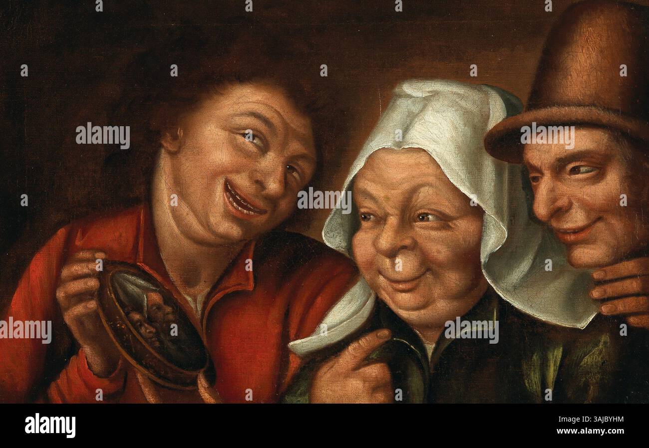 Attribuito a Marten van Cleve, questo dipinto del XVI secolo raffigura contadini che si ammirano in uno specchio. L'olio su tela cattura la vita quotidiana nella regione fiamminga durante la fine degli anni '1500 Foto Stock