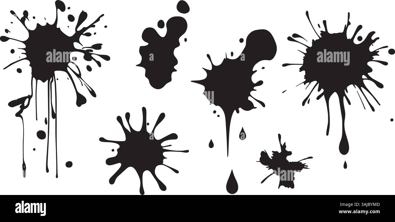 Set di silhouette a spruzzo d'inchiostro nero - blots di vernice isolata vettoriale su sfondo bianco Illustrazione Vettoriale