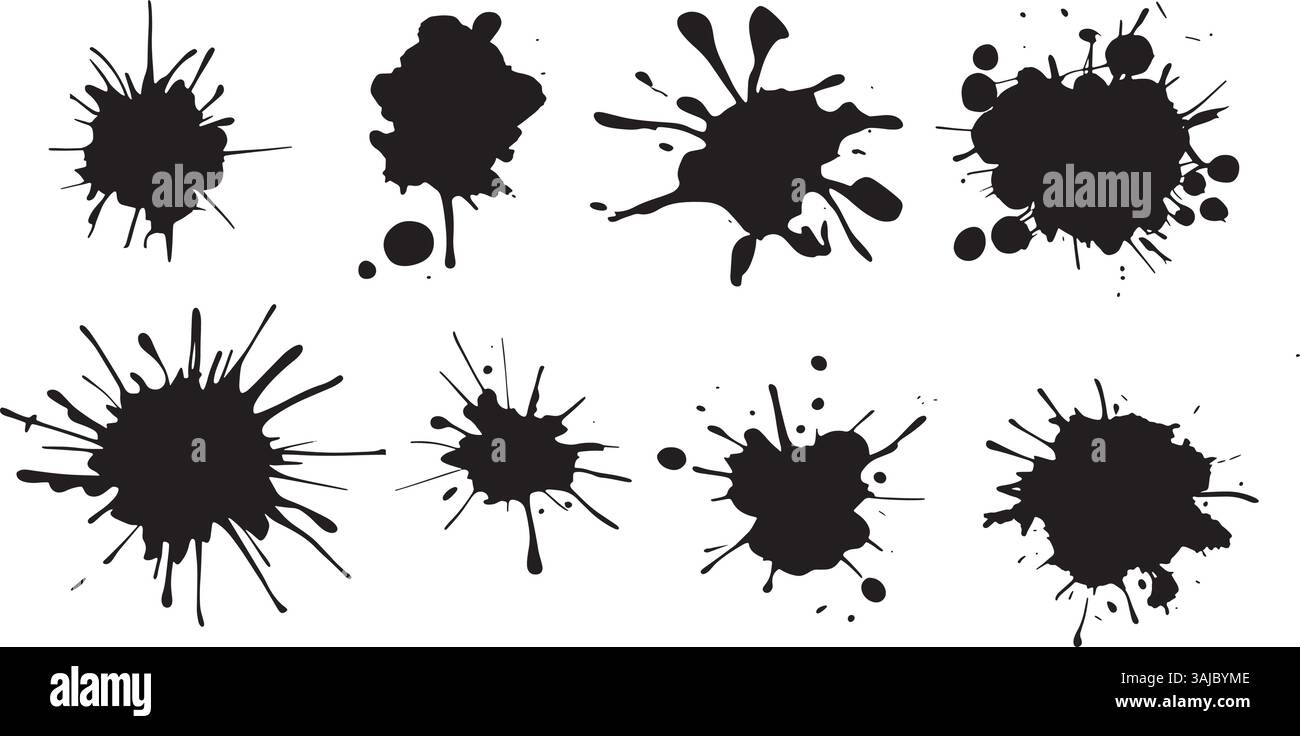 Set di silhouette a spruzzo d'inchiostro nero - blots di vernice isolata vettoriale su sfondo bianco Illustrazione Vettoriale