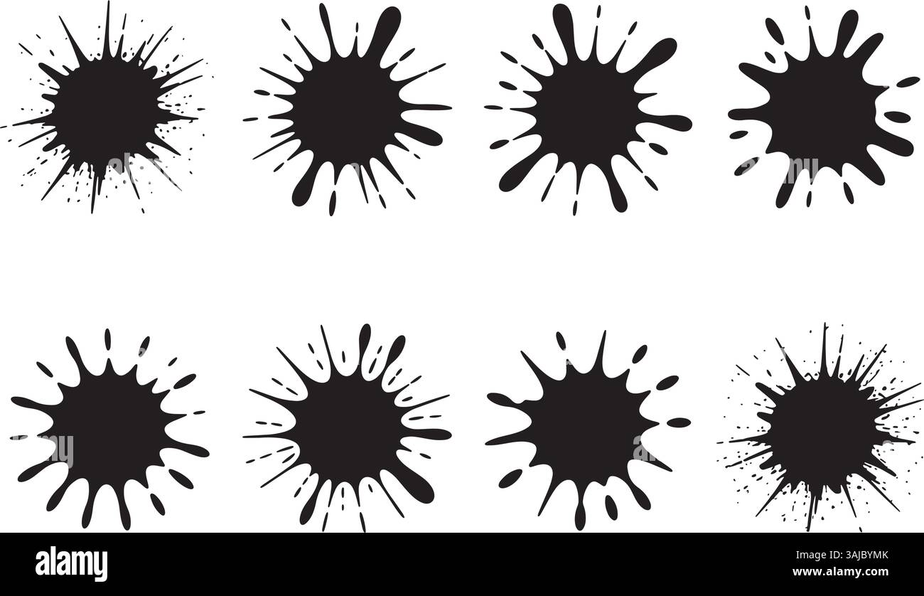 Set di silhouette a spruzzo d'inchiostro nero - blots di vernice isolata vettoriale su sfondo bianco Illustrazione Vettoriale