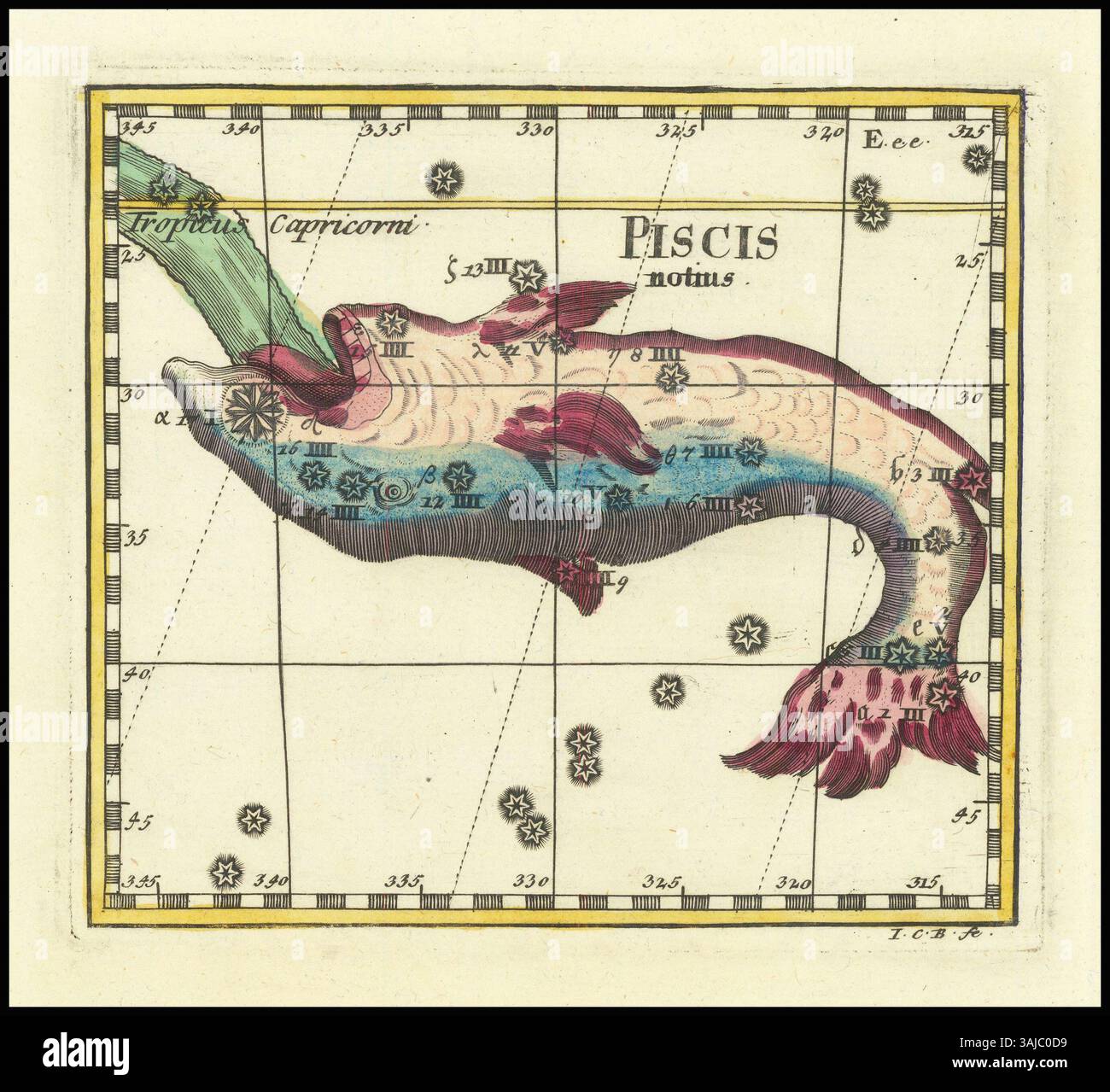 Incisione intitolata "Piscis notius" di Tommaso Corbiniano, creata nel 1730, raffigurante una specie di pesci conosciuta in latino come "Piscis notius". Foto Stock