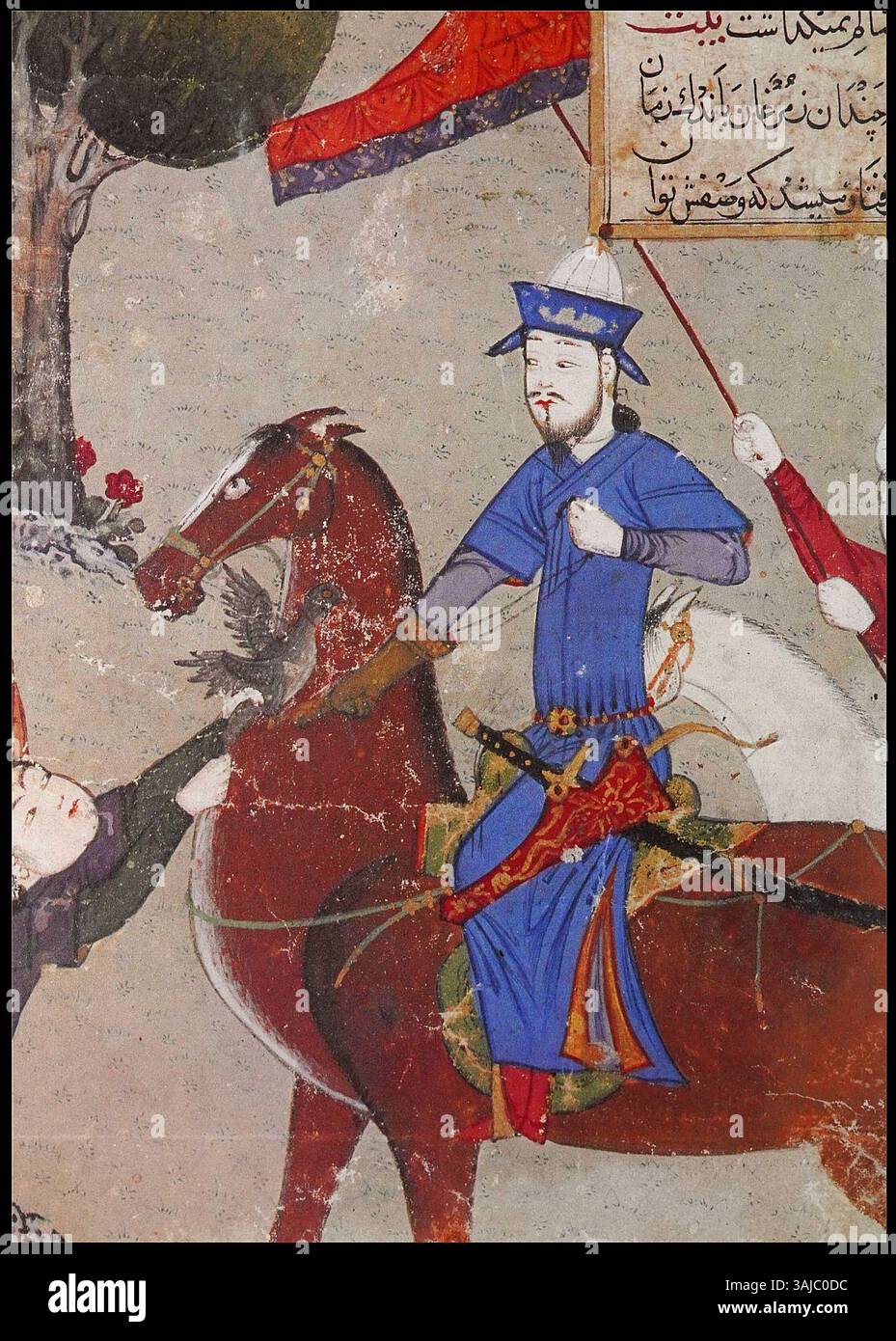 Questa illustrazione del 1436 tratta dallo Zafarnama raffigura Timur, noto anche come Tamerlano, impegnato in una caccia nei pressi di Bukhara dopo la sua campagna primaverile del 1389. La vibrante rappresentazione mostra il guerriero nel deserto, enfatizzando il potere e l'autorità del sovrano durante le sue spedizioni militari. Foto Stock