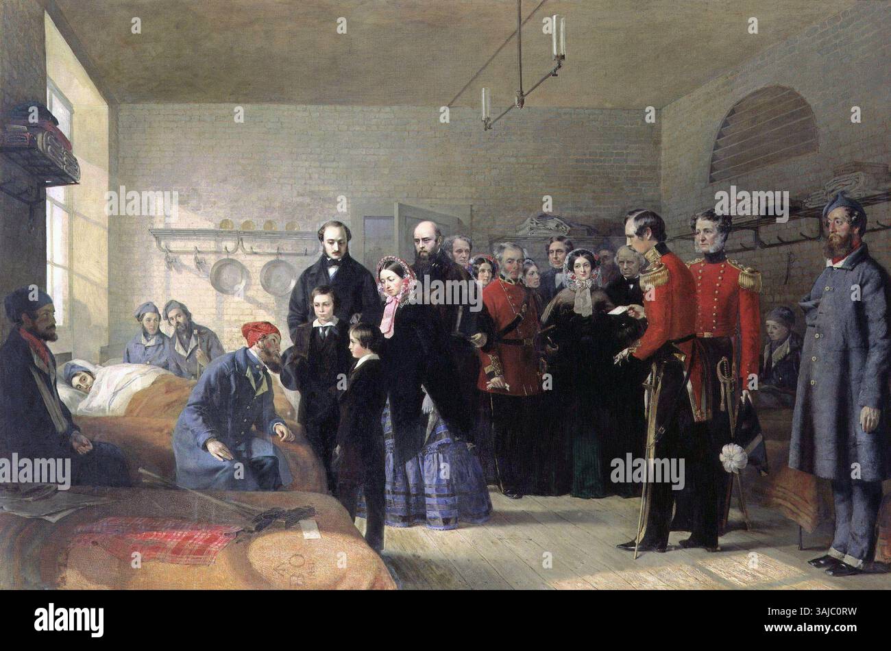 La prima visita della regina Vittoria ai suoi soldati feriti durante la guerra di Crimea, raffigurata da Jerry Barrett nel 1856. Il dipinto mostra la Regina con il Principe Alberto e i loro figli in un momento di compassione reale. Foto Stock