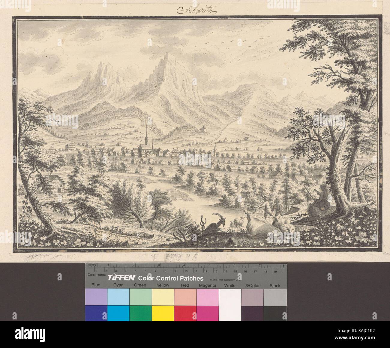 Un disegno di Johann Caspar Ulinger, dal 1720 al 1768, intitolato "Schweitz". Utilizza inchiostro nero e grigio con un lavaggio grigio, quasi identico a un'altra opera firmata "STF Ulinger XIV, 51". Foto Stock