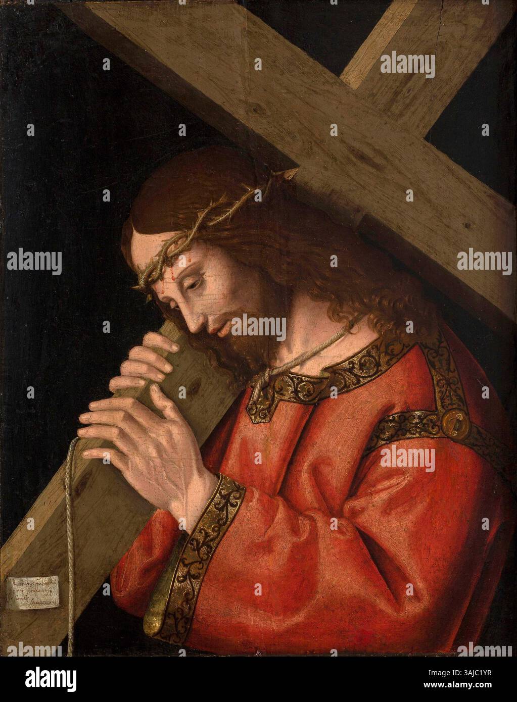 "Cristo che porta la Croce" di Marco Palmezzano (1536) è un'opera religiosa dipinta a tempera su legno. Il pezzo fa parte della collezione del Museo dell'Università Jagellonica e illustra la scena biblica del viaggio di Cristo verso la sua crocifissione. Foto Stock