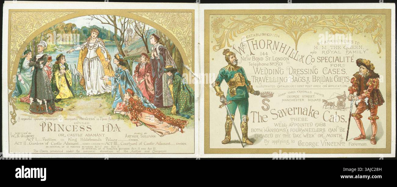 Le pagine 2 e 7 della pubblicità ricordo del 1884 per l'opera Princess Ida, illustrata da Alice Havers, stampata a Londra da Hildesheimer e Faulkner. Foto Stock
