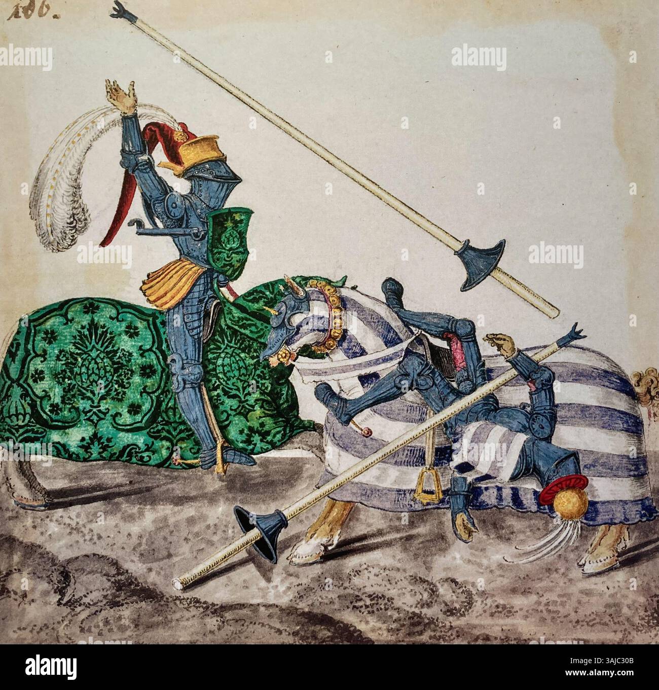 Miniatura del Freydal Tournament Book (folio 106), ospitato al Kunsthistorisches Museum di Vienna. Questo pezzo ritrae la carica dei tornei medievali, catturando la sontuosa esposizione della corte dell'imperatore Massimiliano i, concentrandosi sulle usanze cavalleresche del torneo. Foto Stock