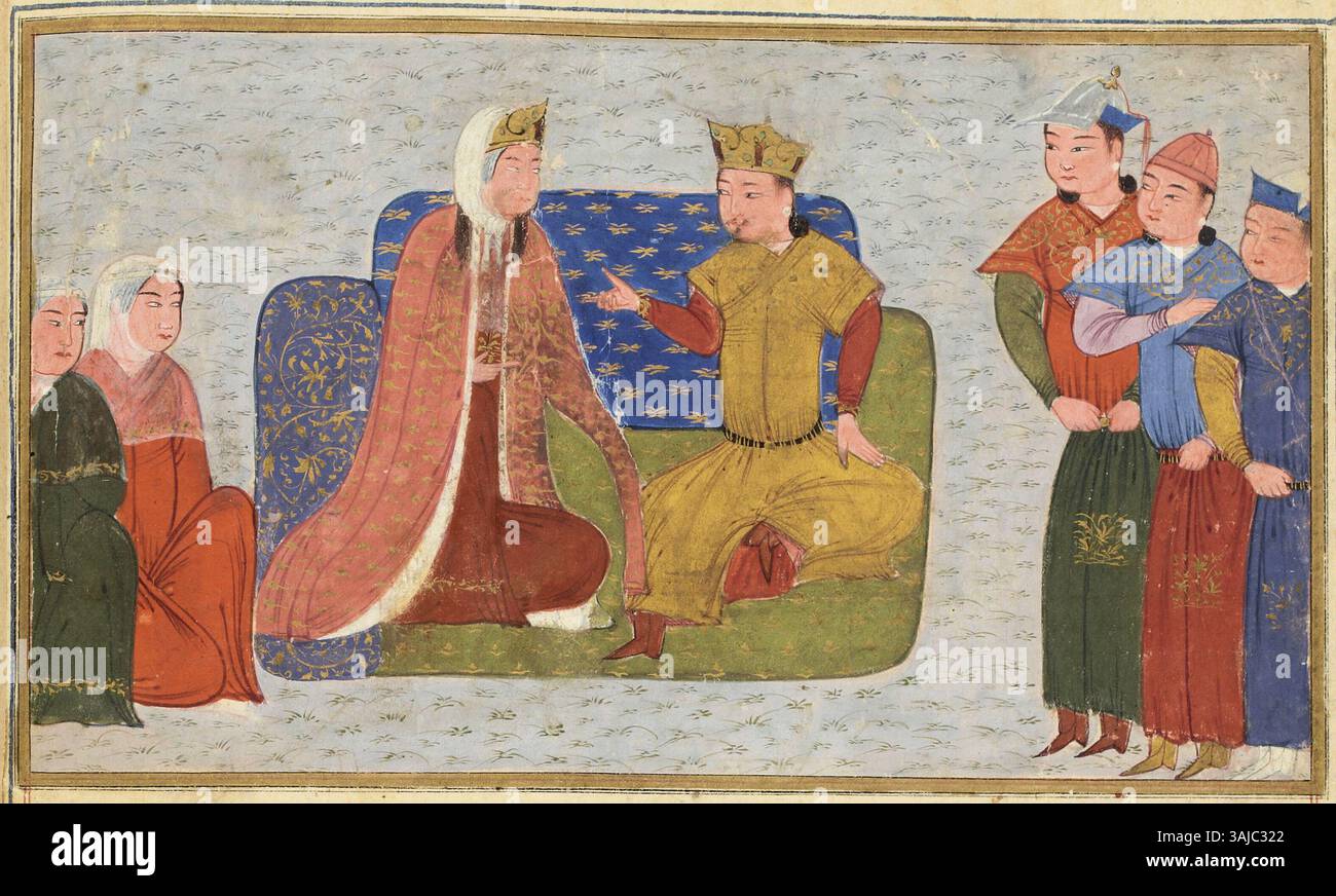 Questa opera d'arte in miniatura mostra Kabul Khan e la sua famiglia, un ritratto della famiglia reale mongola e del loro stile di vita, da un manoscritto persiano risalente al XV secolo. Foto Stock