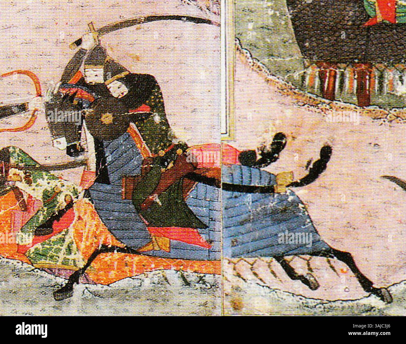 Questo dipinto del manoscritto Zafarnama mostra la cavalleria timuride in azione durante la battaglia tra Timur e Toqtamish Khan nel 1391, un significativo confronto militare nella storia dell'Impero timuride. Foto Stock