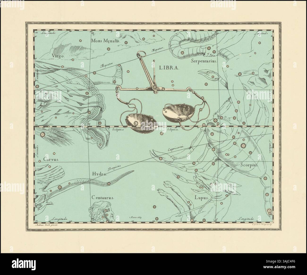 Questa mappa dei primi anni del XX secolo illustra la costellazione della bilancia, le scale. Rappresenta la disposizione delle stelle in questo segno zodiaco, concentrandosi sulla sua rappresentazione visiva e sul significato astronomico durante quel periodo. Foto Stock