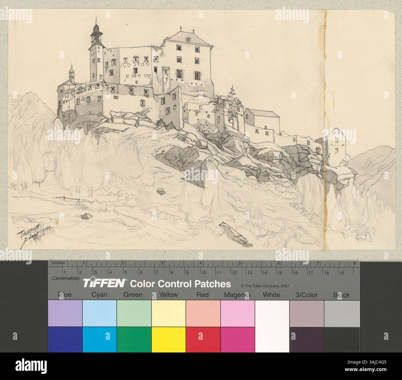 La raffigurazione mostra una vista esterna di Schloss Tarasp a Tarasp, evidenziandone il design architettonico e la struttura. Foto Stock