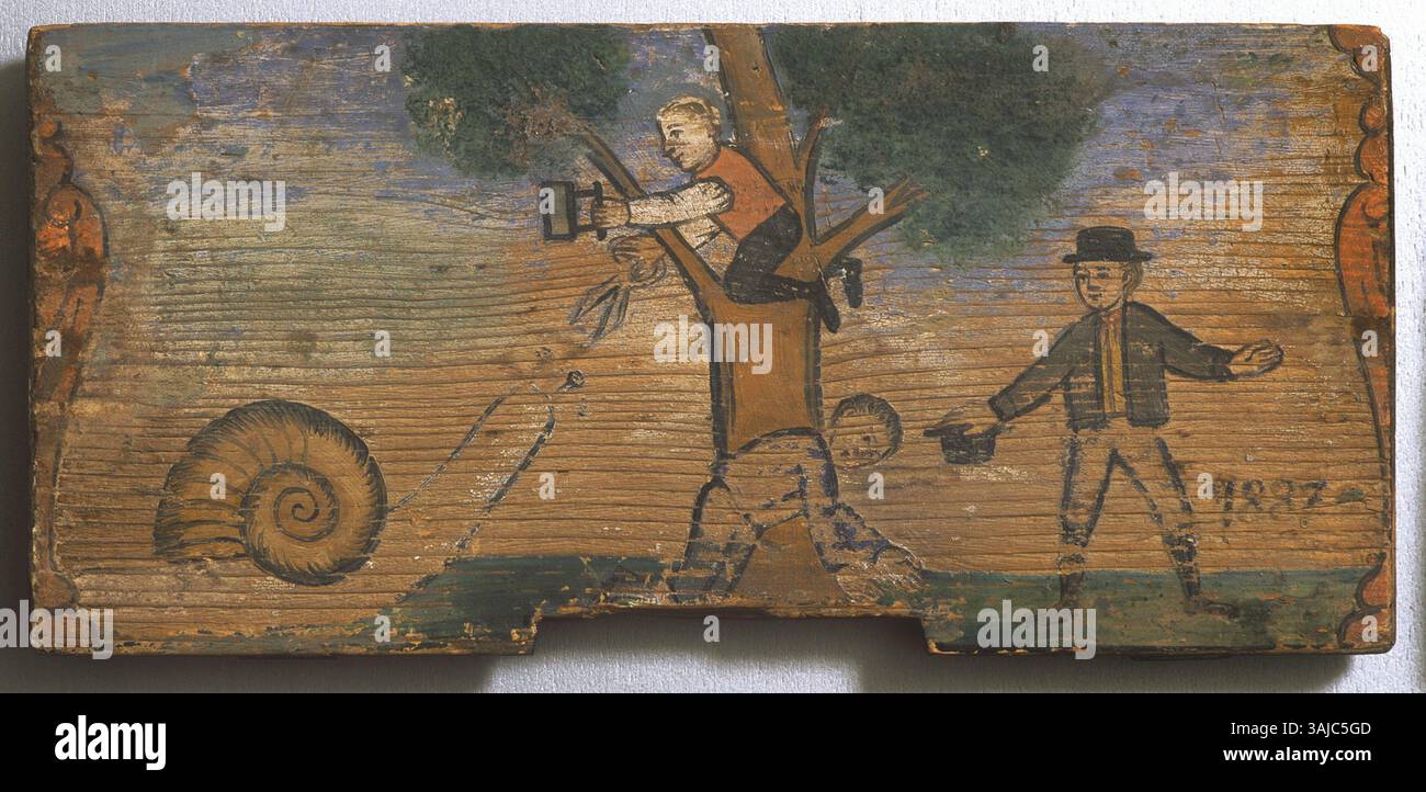 *Pol preganja krojae* (lo sciocco insegue il sarto), un dipinto a olio su tavola del 1887 ospitato presso il Museo dell'apicoltura, Radovljica. L'opera raffigura una scena umoristica in cui uno stupido personaggio insegue un sarto, simboleggiando la follia e le inseguimenti sbagliati. Foto Stock