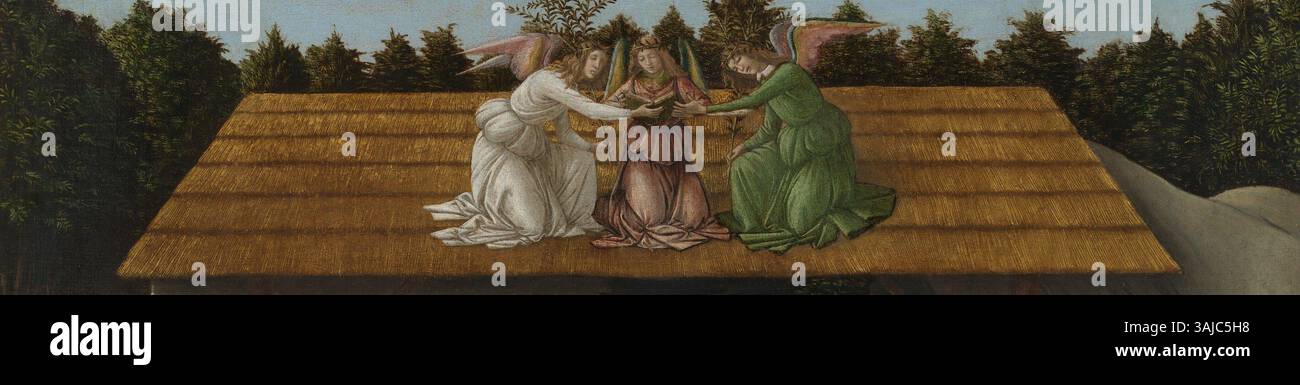 La "Natività mistica" di Sandro Botticelli (1500) raffigura la Natività di Cristo con Maria e il Cristo bambino circondato da angeli. Questo dipinto religioso ad olio, ora conservato nella Galleria Nazionale, è un esempio dell'abilità di Botticelli nel raffigurare temi sacri e dettagli intricati. Foto Stock