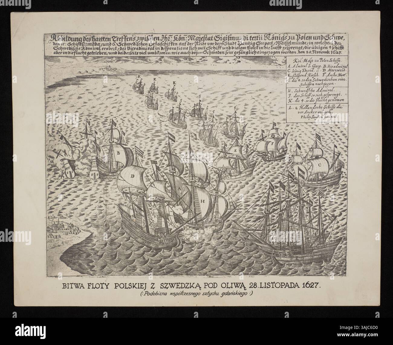 La battaglia di Oliwa (1627) descrive il feroce conflitto navale tra le forze polacche e svedesi vicino a Danzica. Questa scena del XVII secolo illustra la vittoria polacca ed è un evento storico significativo durante la guerra polacco-svedese. Foto Stock
