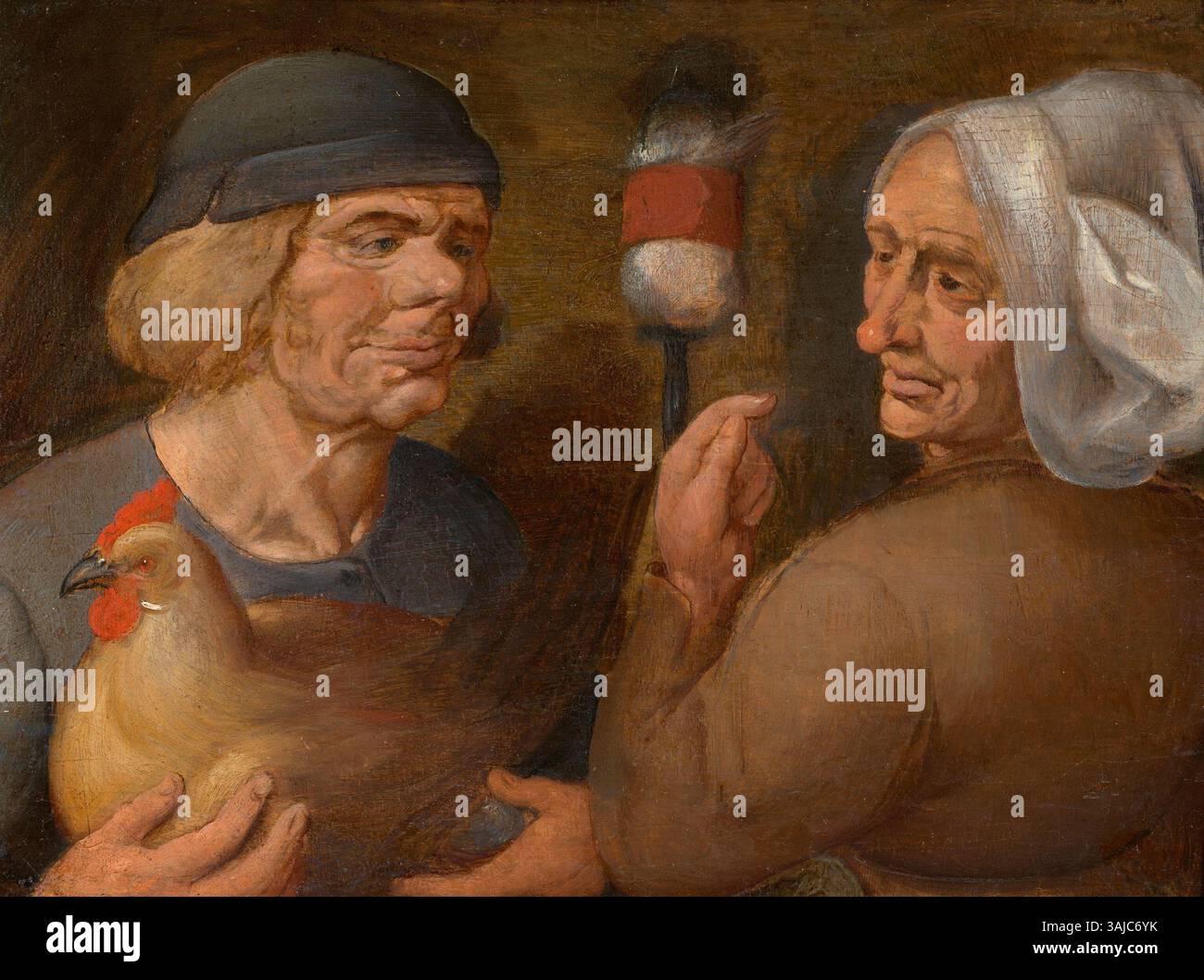 Il dipinto di Marten van Cleve "coppia con un alberino e una gallina", creato tra il 1570 e il 1580, mostra una scena domestica. La coppia è raffigurata in un ambiente rustico, con un mandrino e una gallina, incarnando la semplicità e la vita quotidiana dell'Europa rurale del XVI secolo. Foto Stock