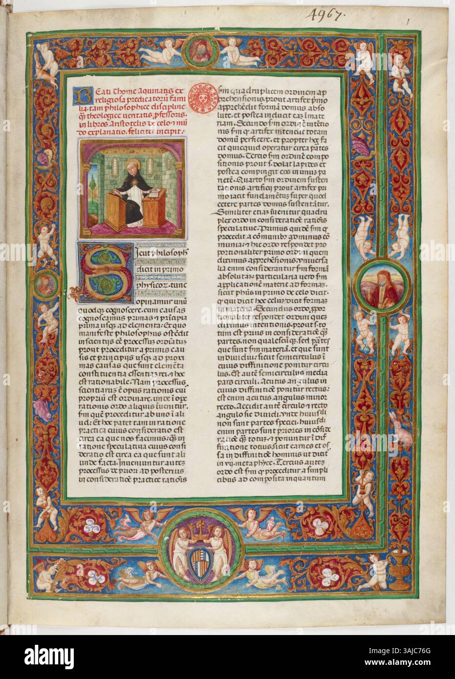 Questo manoscritto miniato, creato intorno al 1492, contiene i commentari di Tommaso d'Aquino sulle opere di Aristotele. Il testo, ricco di pensiero scolastico, fornisce approfondimenti sulla filosofia e la teologia medievali, con elaborate illuminazioni che ne evidenziano il significato intellettuale. Foto Stock