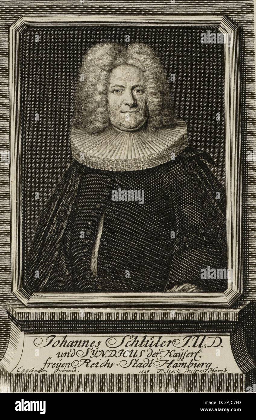 Ritratto di Johannes Schlüter, J.U.D. e Sindaco della libera città imperiale di Amburgo, creato da Fritzsch e Maria F. Eggebecken nel 1728. Questa incisione in rame è conservata presso la Biblioteca statale e universitaria di Amburgo. Foto Stock