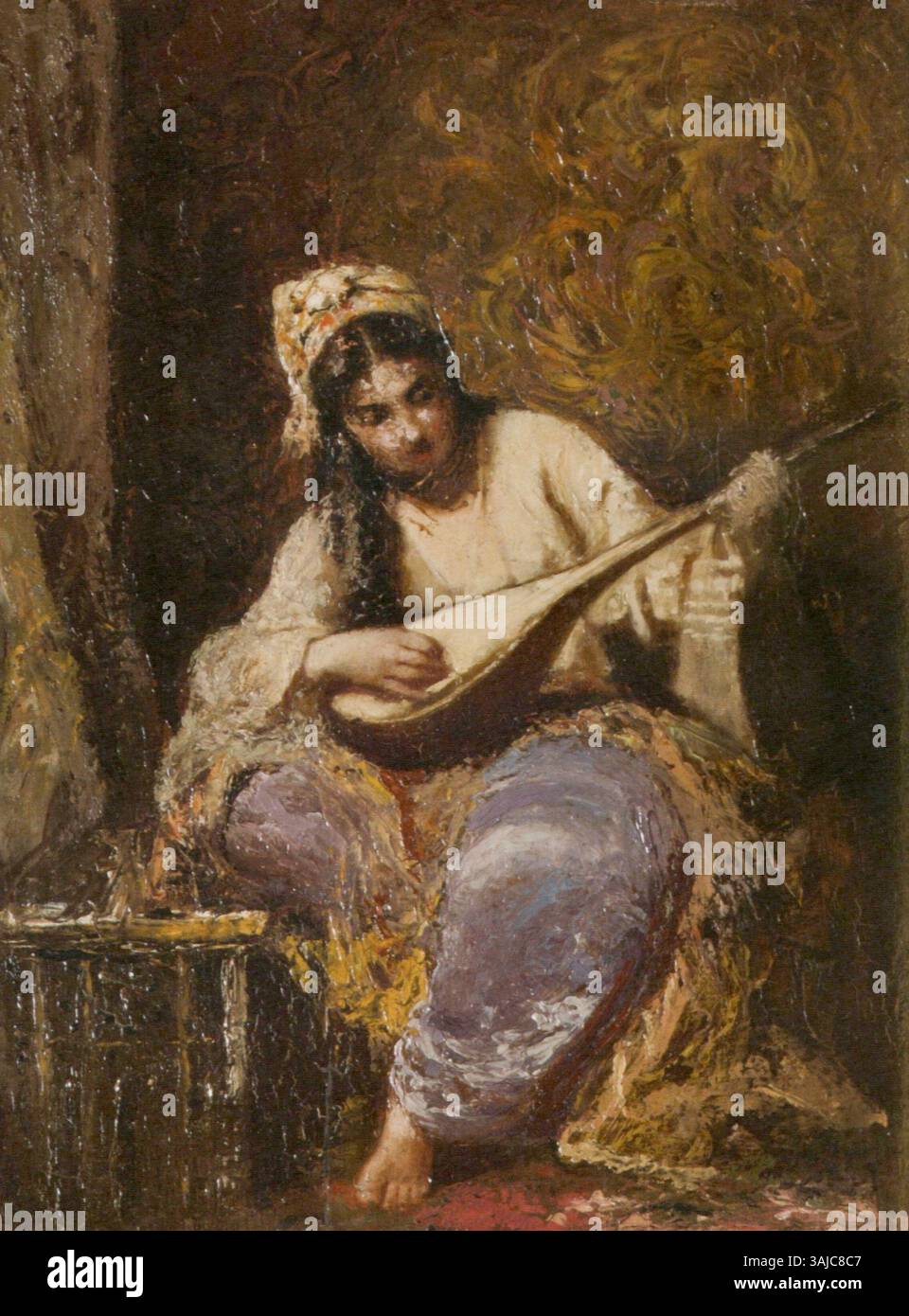"Odalisque with Mandolin" di Theodor Aman, dipinto tra il 1870 e il 1880, raffigura una donna che suona il mandolino, sottolineando il tema orientalista nell'arte rumena. Foto Stock