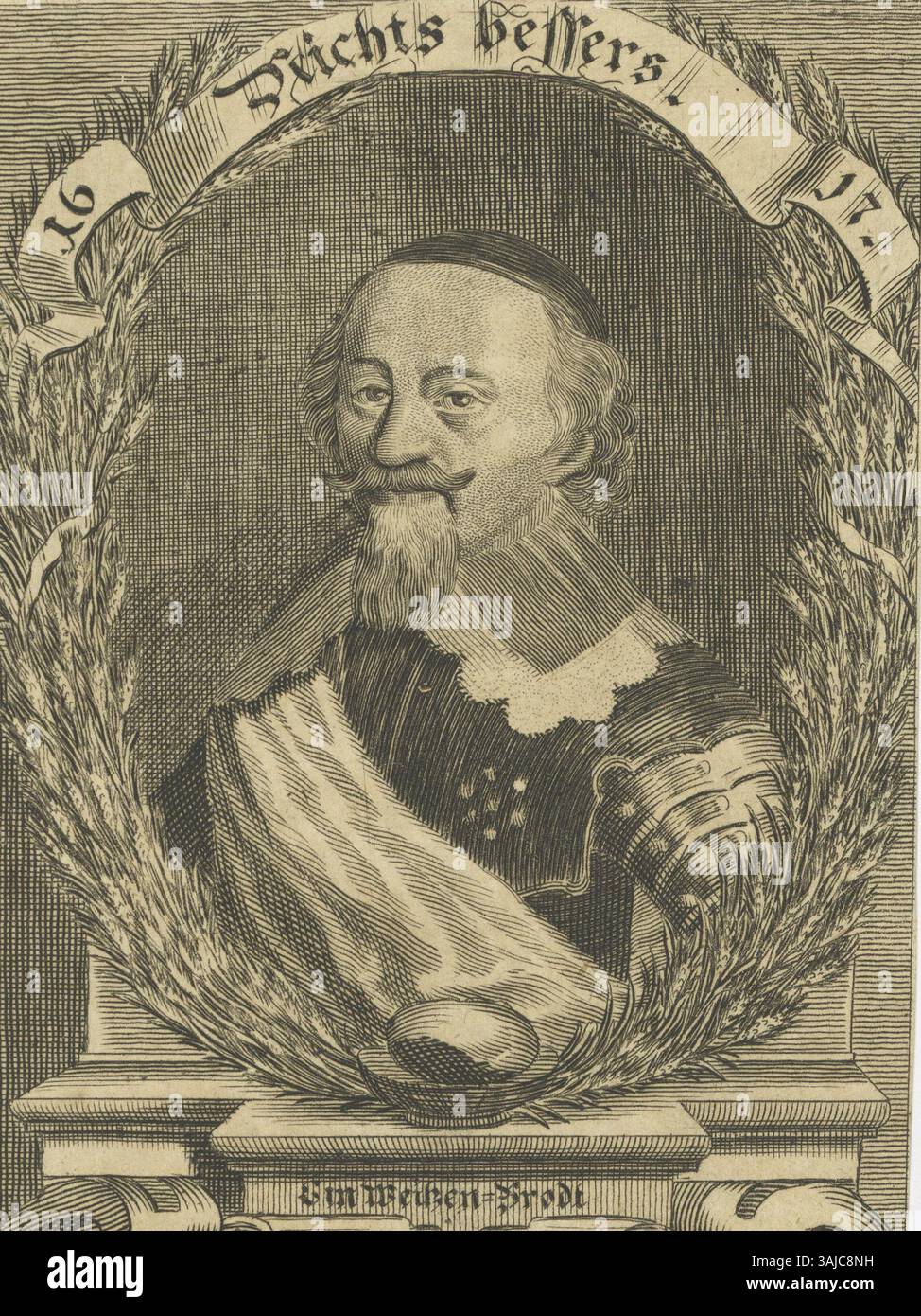 Questa incisione in rame del 1668 di A. Römer raffigura Luigi i, principe di Anhalt-Köthen, mostrando la sua somiglianza con il suo motto scelto e simbolo del pane di grano. Fa parte della collezione di ritratti della Biblioteca Universitaria di Lipsia. Foto Stock