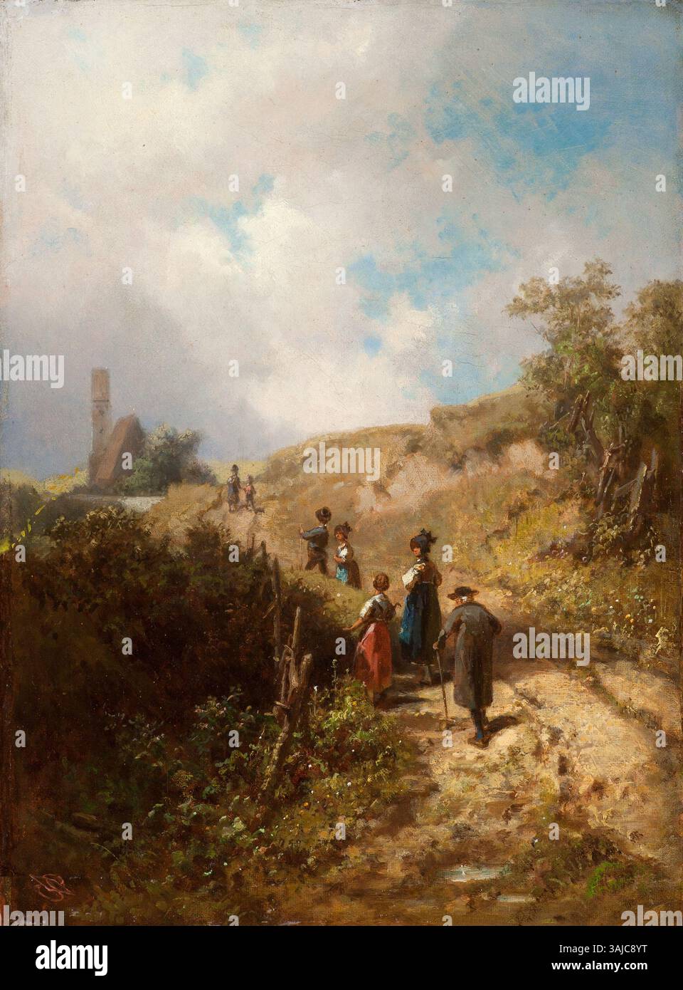 Il dipinto ad olio di Carl Spitzweg del 1862 "il sentiero per la Chiesa" raffigura una figura solitaria che cammina verso una chiesa, mostrando lo stile artistico di genere di Spitzweg. Foto Stock