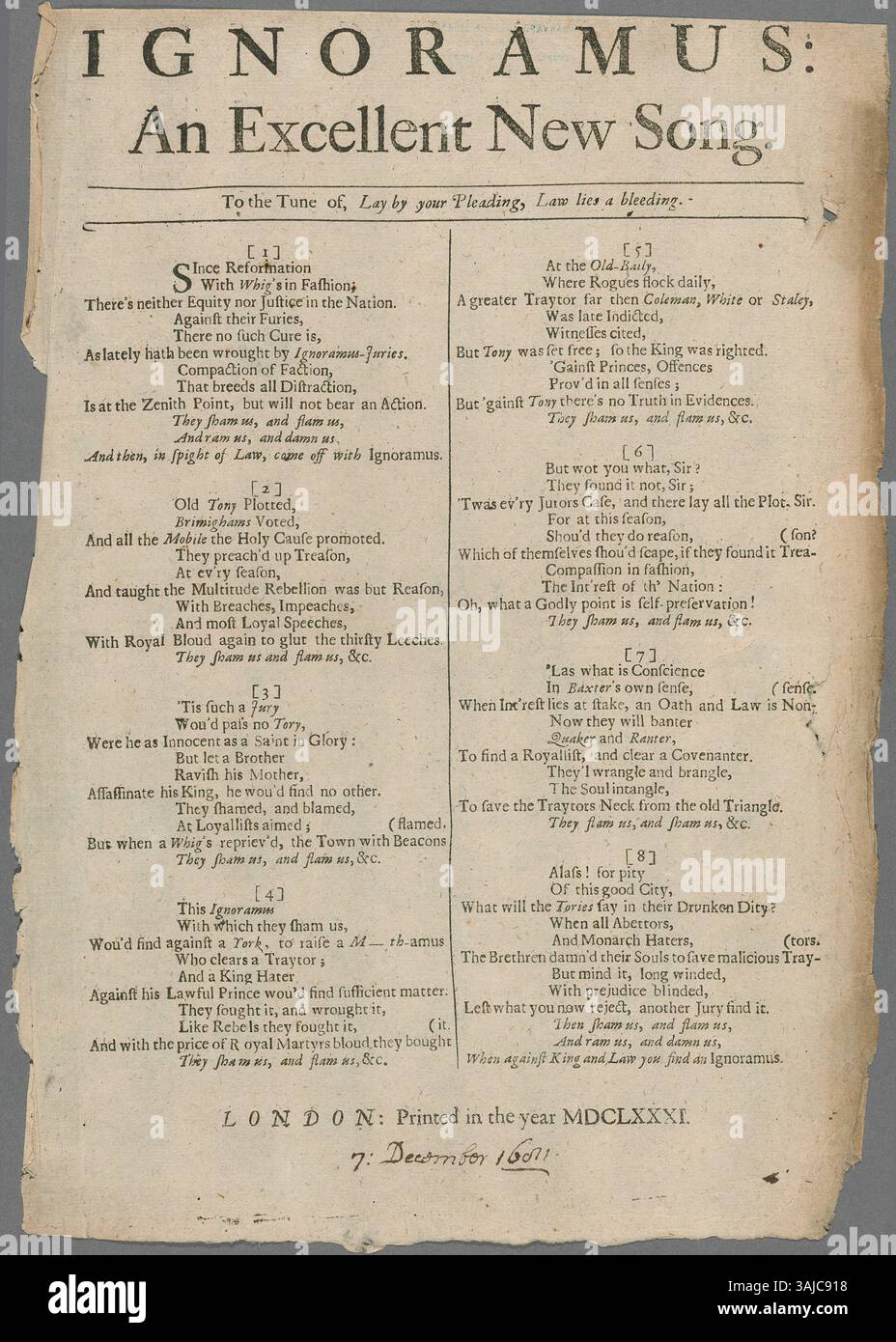 "Ignoramus; an Excellent New Song" è una ballata del XVII secolo, che racconta una narrazione attraverso la canzone. La ballata fa parte della tradizione della musica popolare inglese, stampata e venduta per le strade durante il periodo. Foto Stock