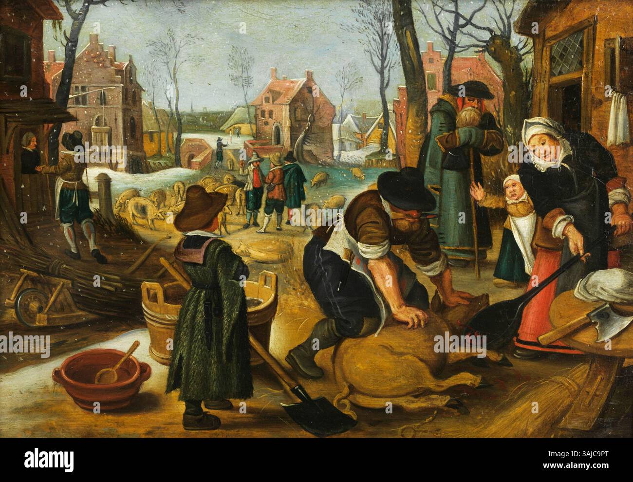 Un dipinto ad olio attribuito da Sebastiaen Vrancx raffigurante una scena del villaggio con la macellazione di un maiale, olio su legno, 24 x 37 cm. Foto Stock