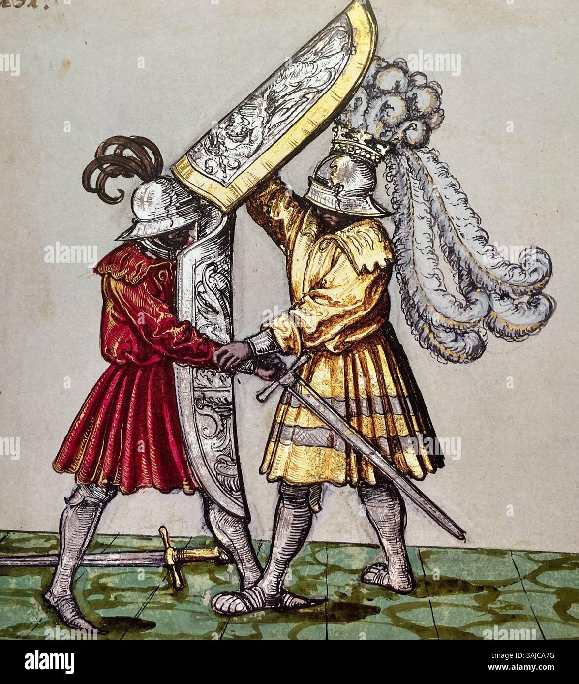 Miniatura (folio 131) dal Freydal Tournament Book, che illustra la grandezza dei tornei medievali e delle competizioni cavalleresche, create dai pittori di corte dell'imperatore Massimiliano I.. Foto Stock