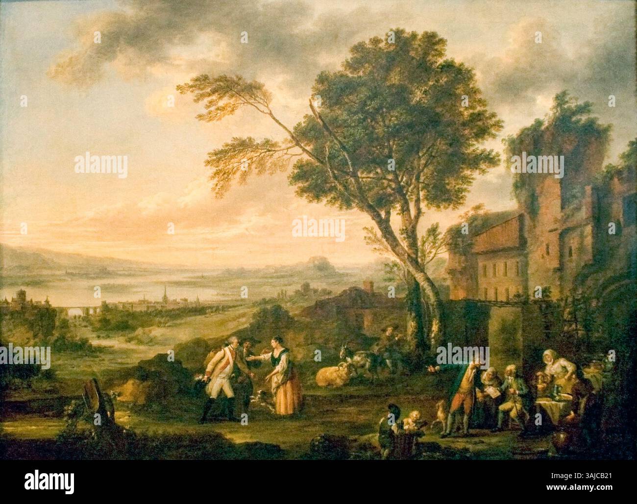 "Le congé absolu" di Louis Joseph Watteau è un dipinto ad olio del XVIII secolo. L'opera ritrae un momento di separazione o di addio, catturando un senso di emozione e leggerezza tipico dell'arte rococò. La delicata pennellatura di Watteau e l'uso del colore esemplificano il fascino di questo periodo. Foto Stock