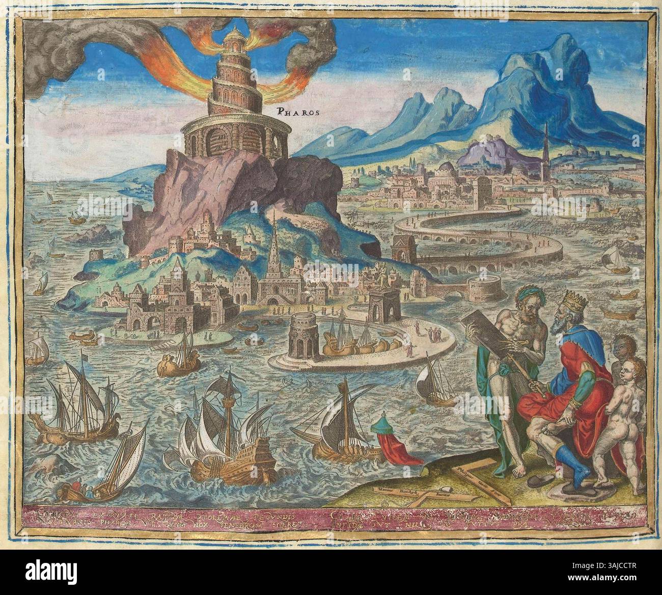 Questa incisione di Philip Galle del 1572 raffigura il famoso faro di Alessandria, una delle sette meraviglie del mondo antico. L'immagine illustra la struttura monumentale che si erge nel Mediterraneo, mostrandone la grandezza. Foto Stock