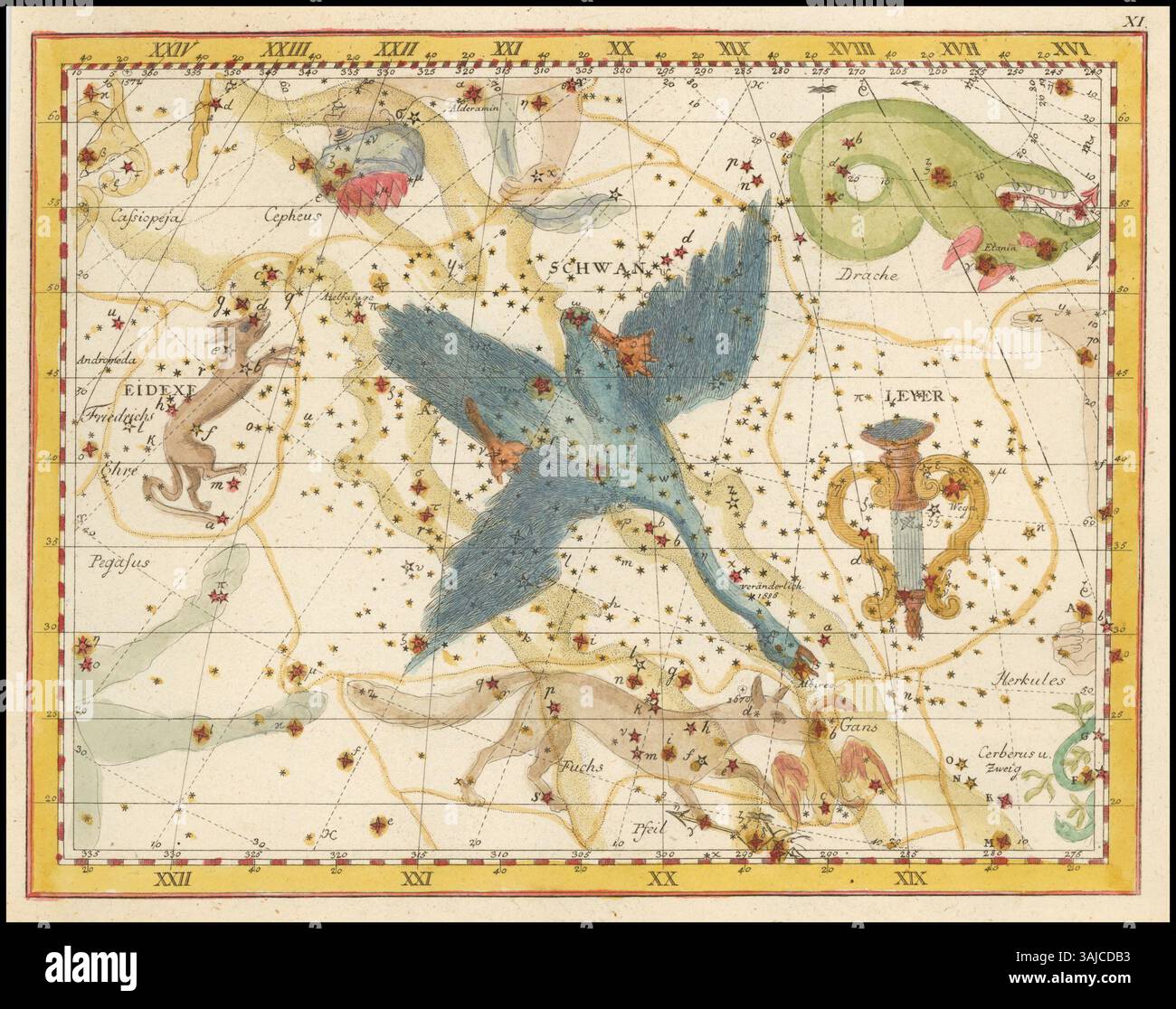 Il grafico a stelle del 1805 di Johann Elert Bode presenta le costellazioni Cygnus, Lacerta e Lyra, offrendo una rappresentazione del cielo notturno come osservato all'inizio del XIX secolo. I contributi di Bode all'astronomia includono le sue mappe stellari dettagliate e la catalogazione di oggetti celesti. Foto Stock