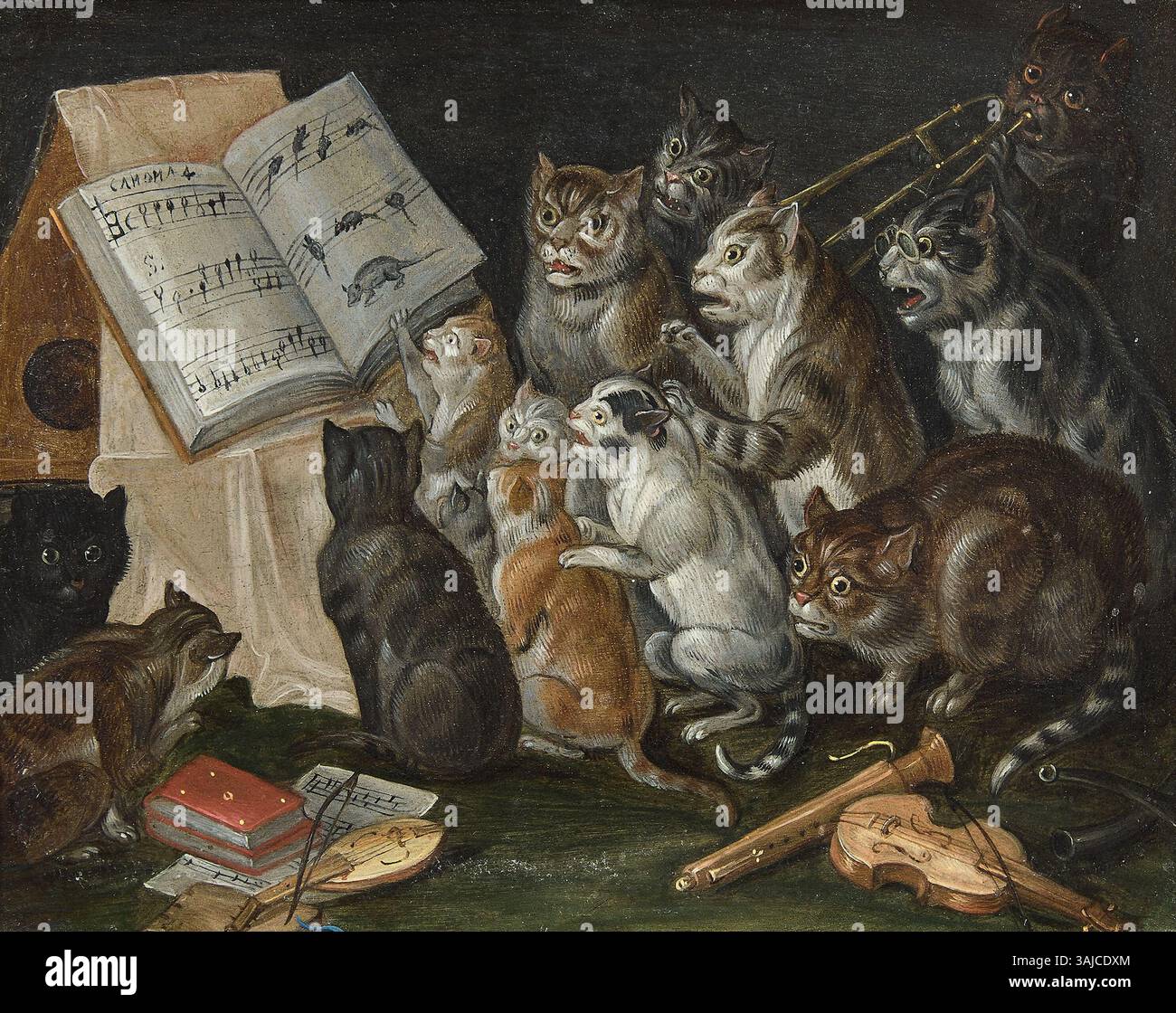 Jan van Kessel il Vecchio 'Concerto dei gatti' (c. 1650-1660) è un dipinto ad olio che raffigura umoristicamente un gruppo di gatti in un ambiente musicale. Conosciuto per le sue dettagliate opere di natura morta, van Kessel crea una scena stravagante e affascinante, mettendo in evidenza la sua abilità nella pittura di animali e natura. Foto Stock