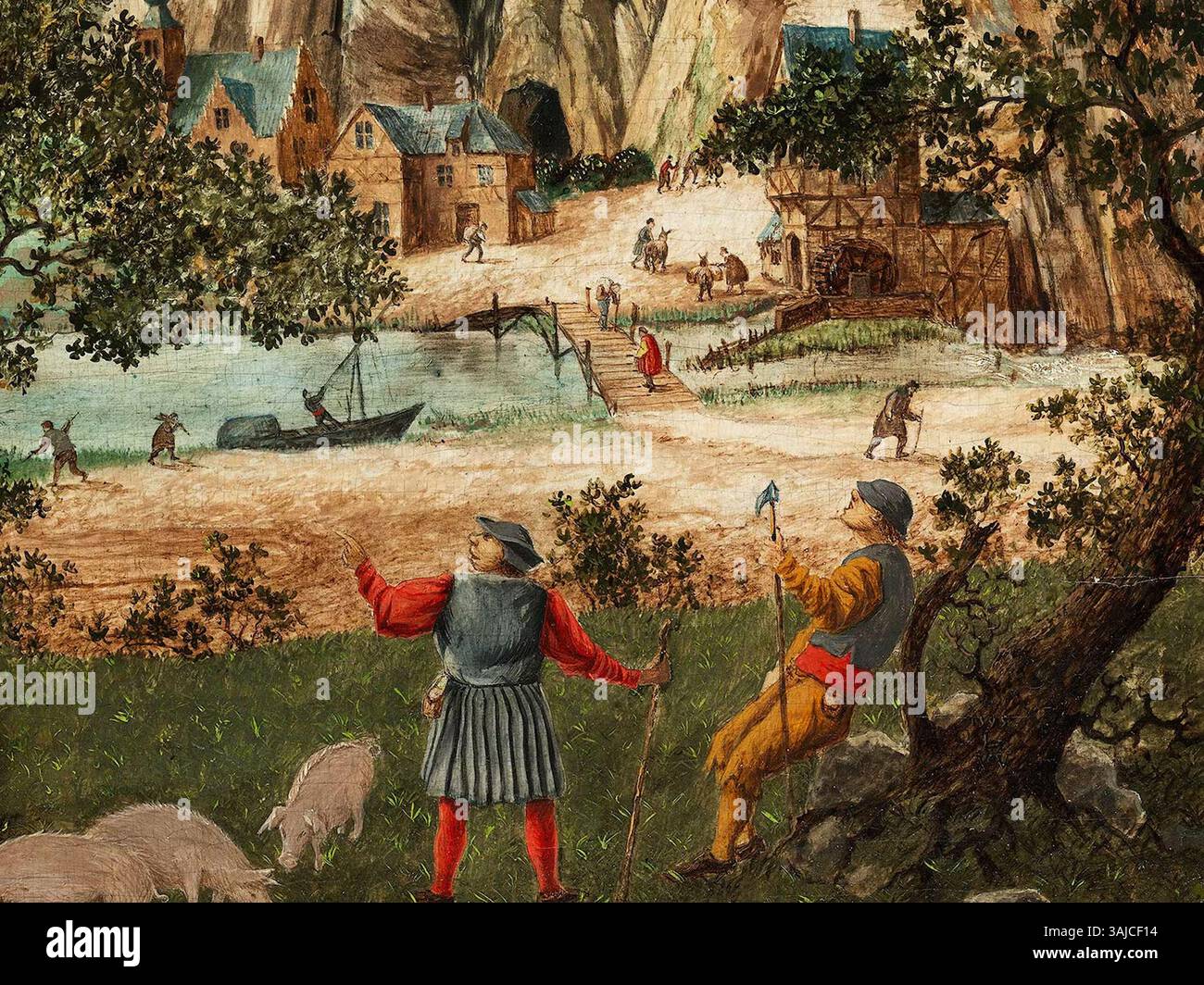 Questa sezione dettagliata del dipinto di Jan van Stinemolen del 1595 raffigura il paesaggio roccioso che circonda la mitologica caduta di Icaro. La scena, dipinta a olio su pannello, cattura il momento drammatico mentre Icaro si tuffa nel mare, circondato da terreni accidentati. Foto Stock