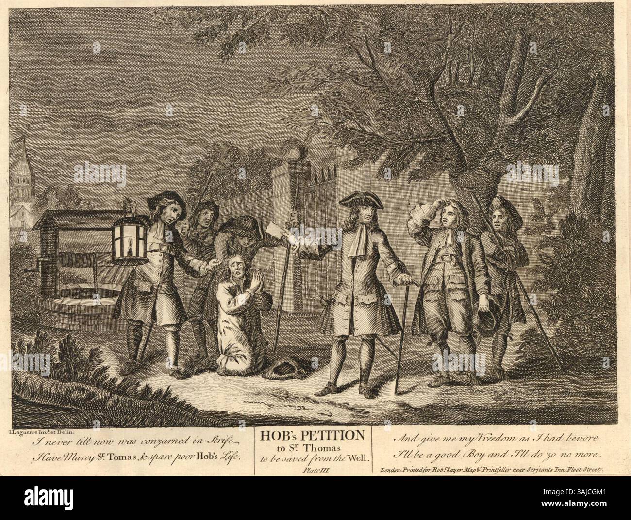 Questa stampa del 1745 di Claude Du Bosc, dopo John Laguerre, mostra Hob inginocchiato e supplicato Sir Thomas per la misericordia da salvare dal pozzo. La scena include diversi uomini, uno con la lanterna di Hob, mentre il pozzo è raffigurato sullo sfondo. La stampa fa parte di un set più grande, con scene d'opera, e fa parte della collezione del British Museum. Foto Stock