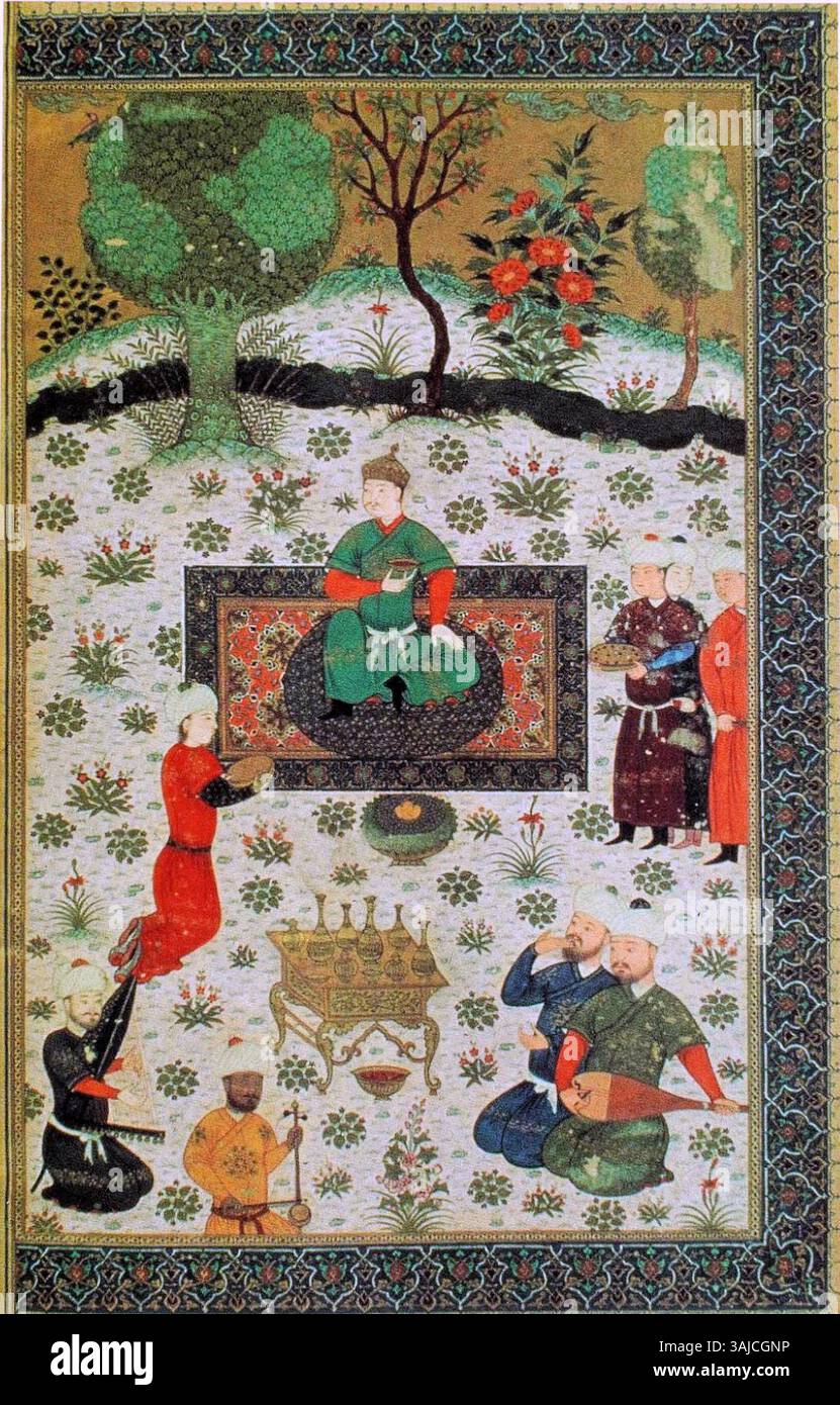 Questo frontespizio dal manoscritto del 1429 di Kalila wa Dimna, creato per la corte di Baysunghur a Herat, mostra una complessa miniatura. Ospitato presso il Museo del Palazzo Topkap, l'opera riflette temi filosofici persiani. Foto Stock