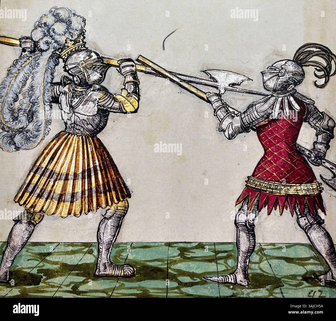 Miniatura (folio 43) dal Libro del Torneo Freydal, creato dagli artisti di corte sotto l'imperatore Massimiliano I. il manoscritto, parte della collezione presso il Kunsthistorisches Museum, raffigura scene di combattimenti cavallereschi e tornei medievali. Foto Stock