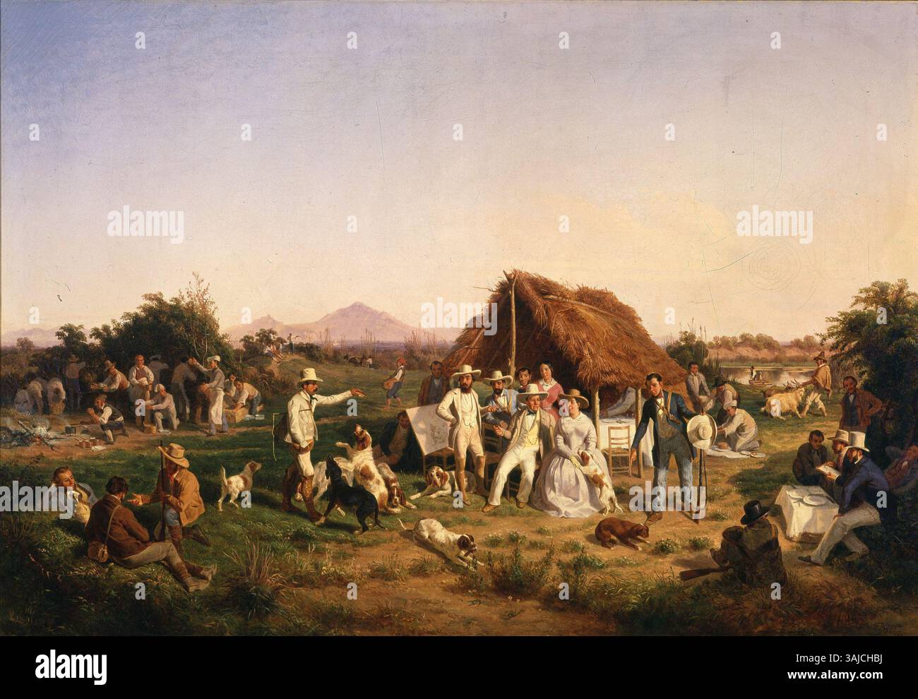 Il dipinto di Filippo Palizzi del 1850, "la famiglia reale di Napoli a caccia", cattura la famiglia reale di Napoli in una scena di caccia. L'olio su tela riflette sia l'abbigliamento reale che il paesaggio italiano. Foto Stock