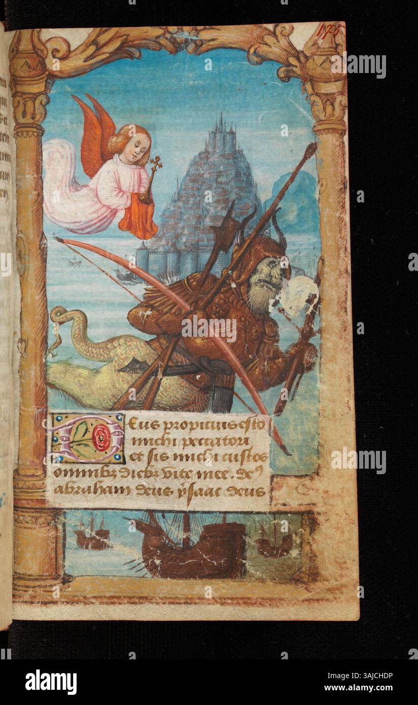 Questo manoscritto del *Livre d'heures* del 1505-1510 circa mostra San Michele che scaccia il diavolo, un esempio di arte religiosa medievale caratterizzato da un intervento divino dinamico. Foto Stock
