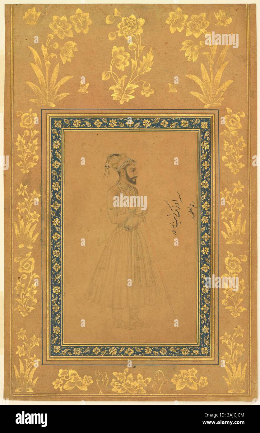 Ritratto di Awrangzib come giovane principe, un disegno da un album non identificato, scrittura persiana Nasta'liq, risalente al 1640-1650. Conservato nella Chester Beatty Library (CBL nel 41.3). Foto Stock