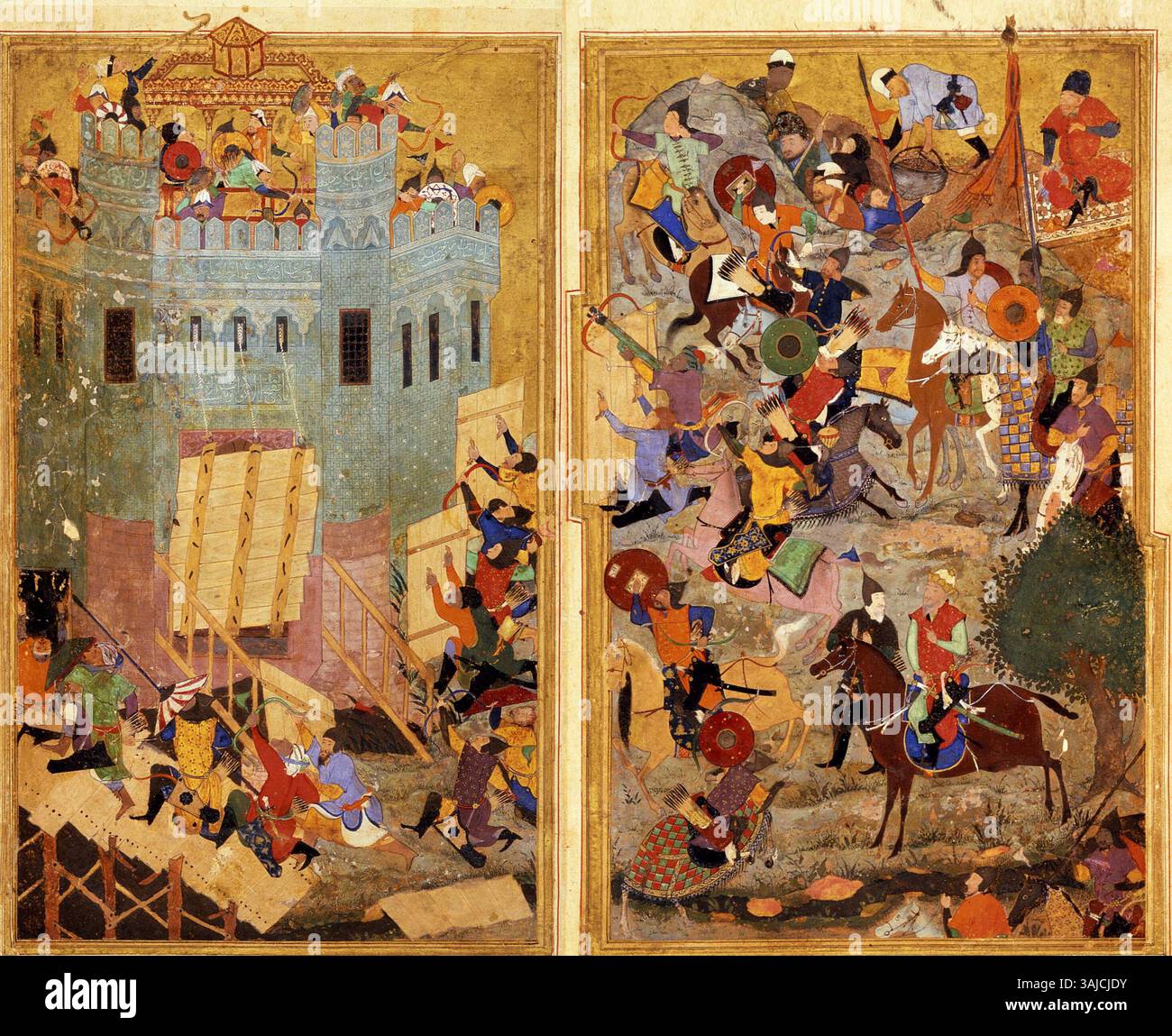 Lo "Zafarnama del sultano Husayn" raffigura una scena storica del 1402, che mostra l'esercito di Tamerlano che assaltò la fortezza di San Giovanni a Smirne. L'illustrazione descrive la battaglia con i soldati che attraversano un fossato e irrompono nel castello. Foto Stock