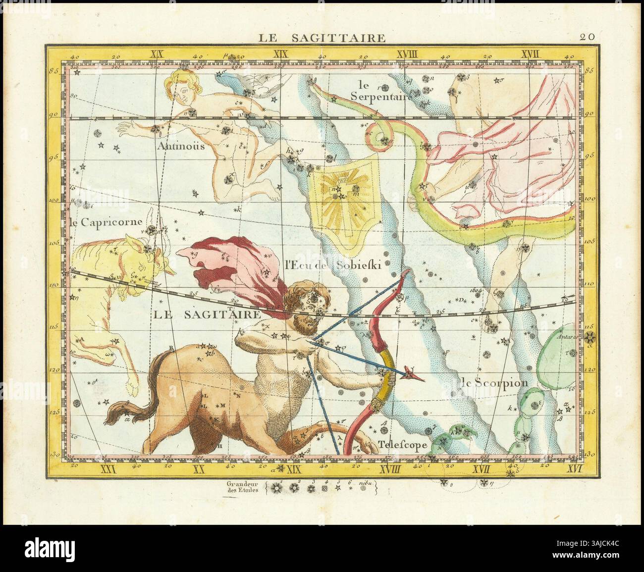 "Le Sagitaire" di John Flamsteed, creato nel 1795, è un grafico astronomico che raffigura la costellazione del Sagittario. L'opera illustra i modelli stellari e i corpi celesti associati a questo segno zodiacale, fornendo una visione dettagliata del cielo notturno come apparve nel XVIII secolo. Foto Stock