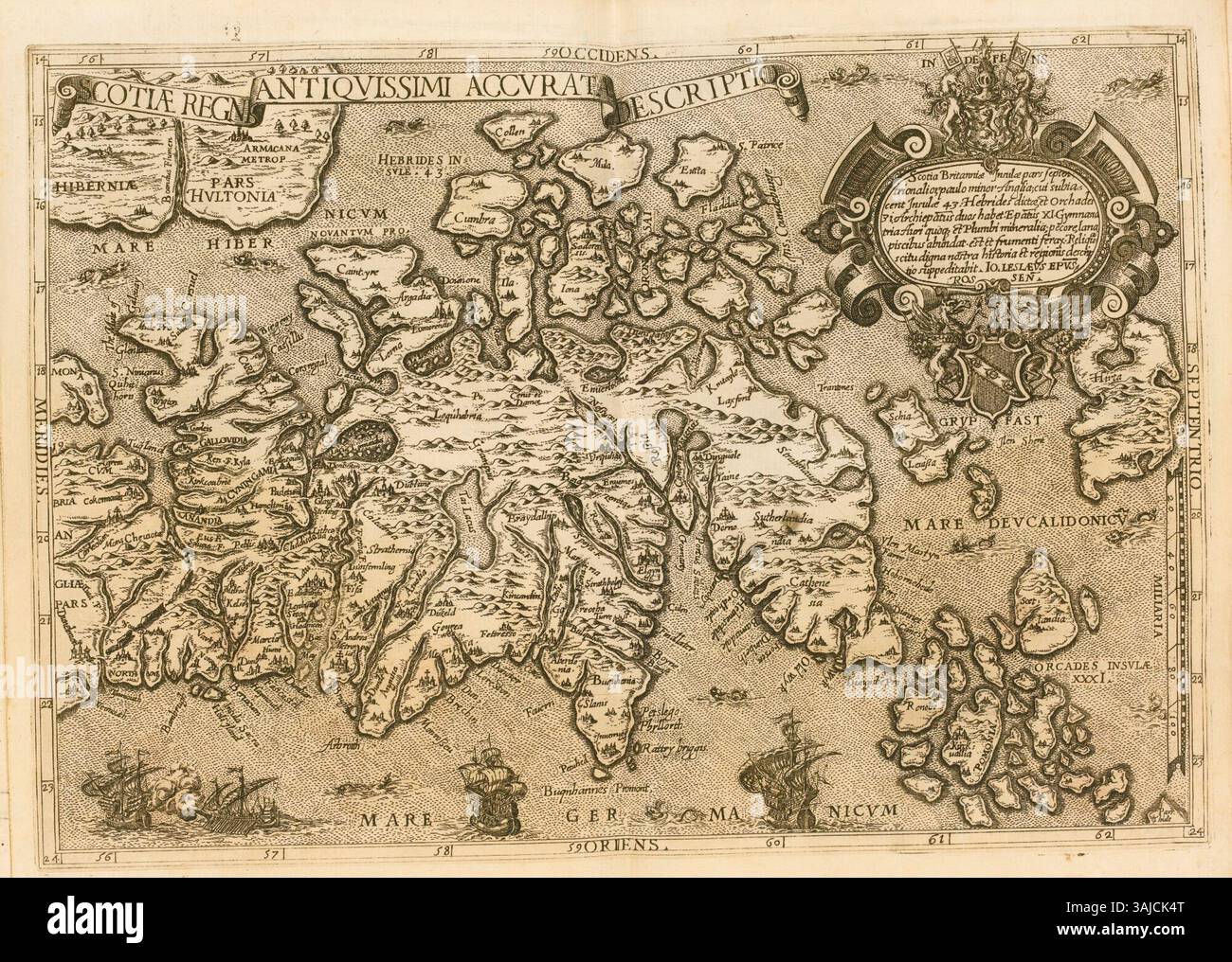 Questa mappa della Scozia del 1578, intitolata "Scotiae Regni Antiquissimi accurata Descriptio", è stata pubblicata nell'opera del vescovo John Leslie "De origine Moribus, et Rebus Gestis Scotorum". Rappresenta l'antica geografia della Scozia. Foto Stock