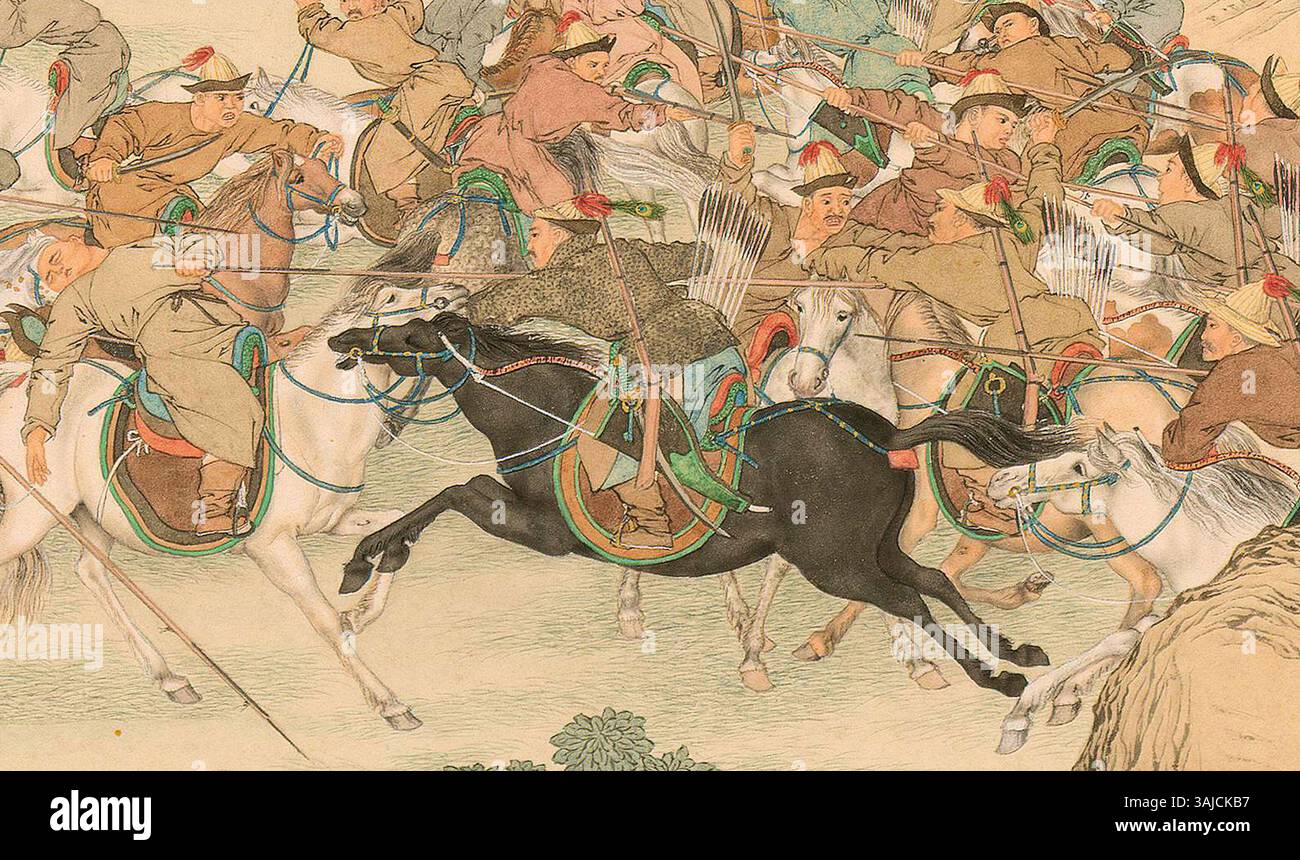 Questo dipinto mostra Ayusi che guida la carica contro il campo di Dzungar durante la battaglia di Gadan-Ola nel 1755. La scena cattura un momento militare cruciale del conflitto Dzungar-Qing, con Ayusi al comando delle forze. Foto Stock