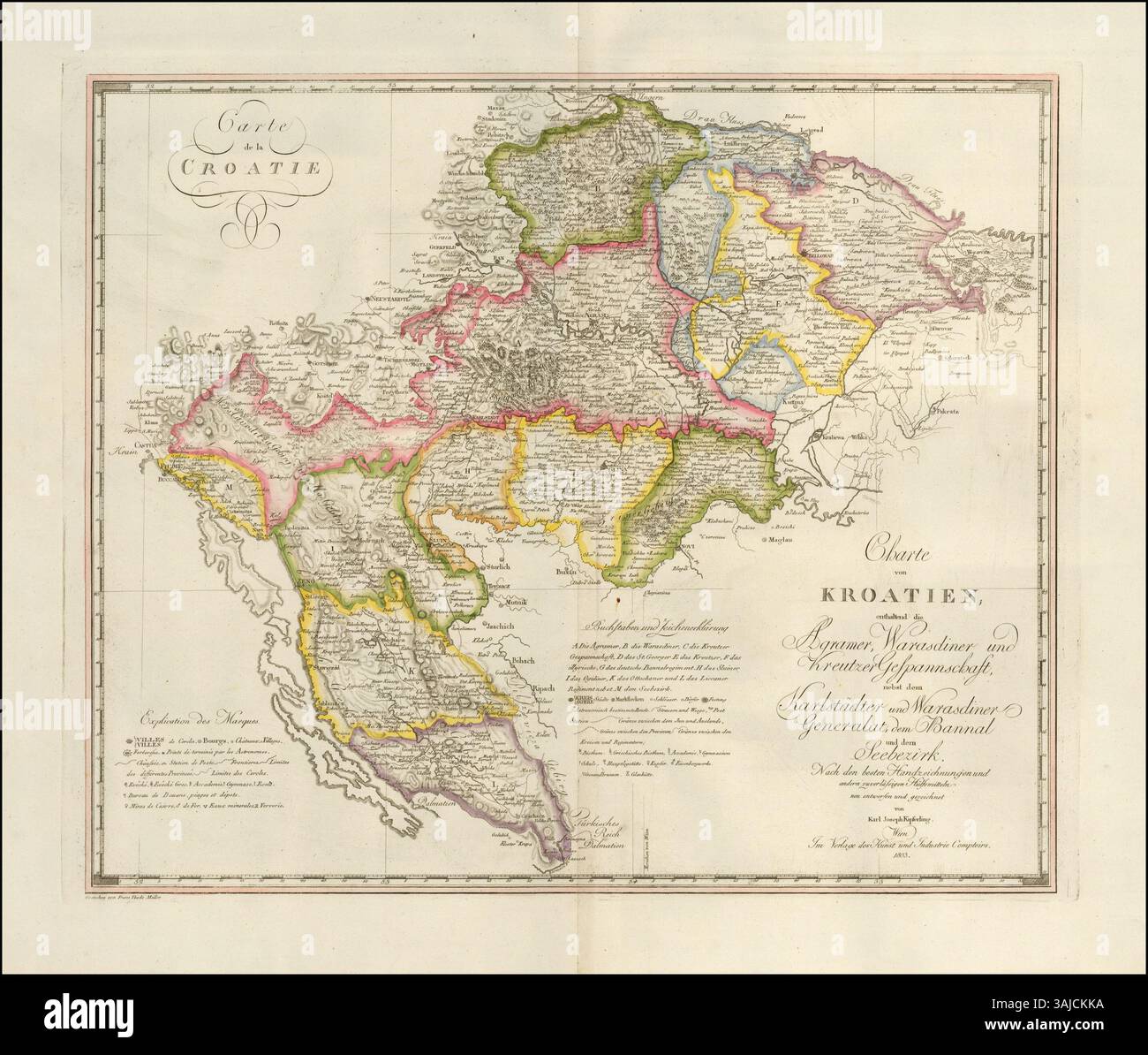 Una mappa del 1803 della Croazia creata da Karl Joseph Kipferling, che mostra le caratteristiche geografiche e le divisioni territoriali del paese durante l'inizio del XIX secolo. Questa mappa è un documento storico che raffigura il paesaggio politico e geografico della Croazia in quel momento. Foto Stock