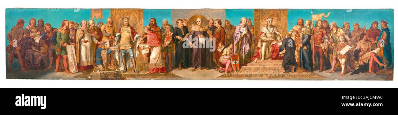 Questo dipinto allegorico del XIX secolo rappresenta figure importanti nella storia austriaca, come il duca Rodolfo IV e la fondazione dell'Università di Vienna. L'opera d'arte ritrae i momenti fondamentali dello sviluppo culturale della città. Foto Stock