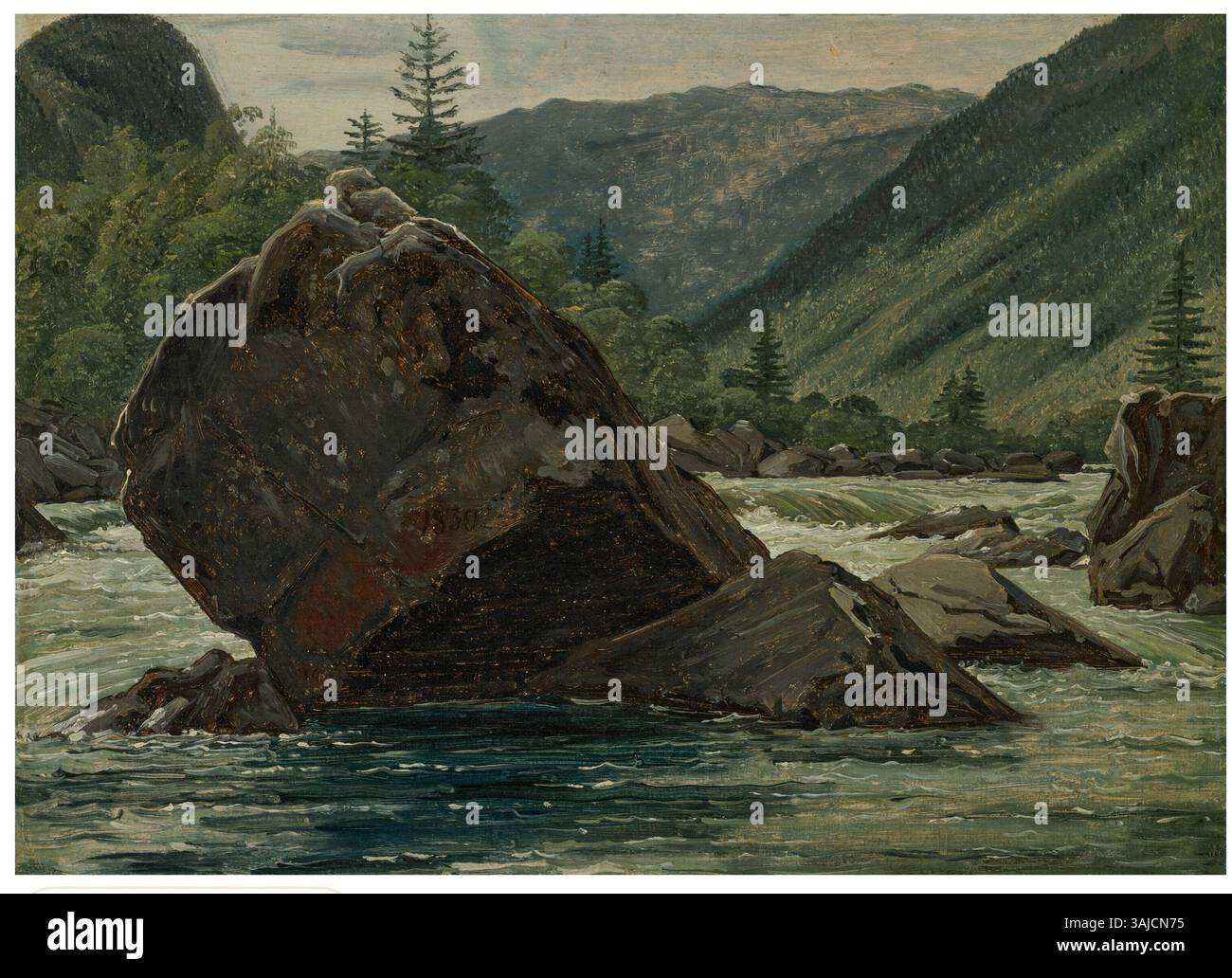"A Jutting Rock in the Rapids" di Martinus Rørbye, dipinto nel 1830, cattura la forza dinamica dell'acqua intorno a un'importante formazione rocciosa. Questo olio su tavola riflette la capacità di Rørbye di realizzare paesaggi naturali con enfasi sul movimento e sulla bellezza della natura grezza. Foto Stock