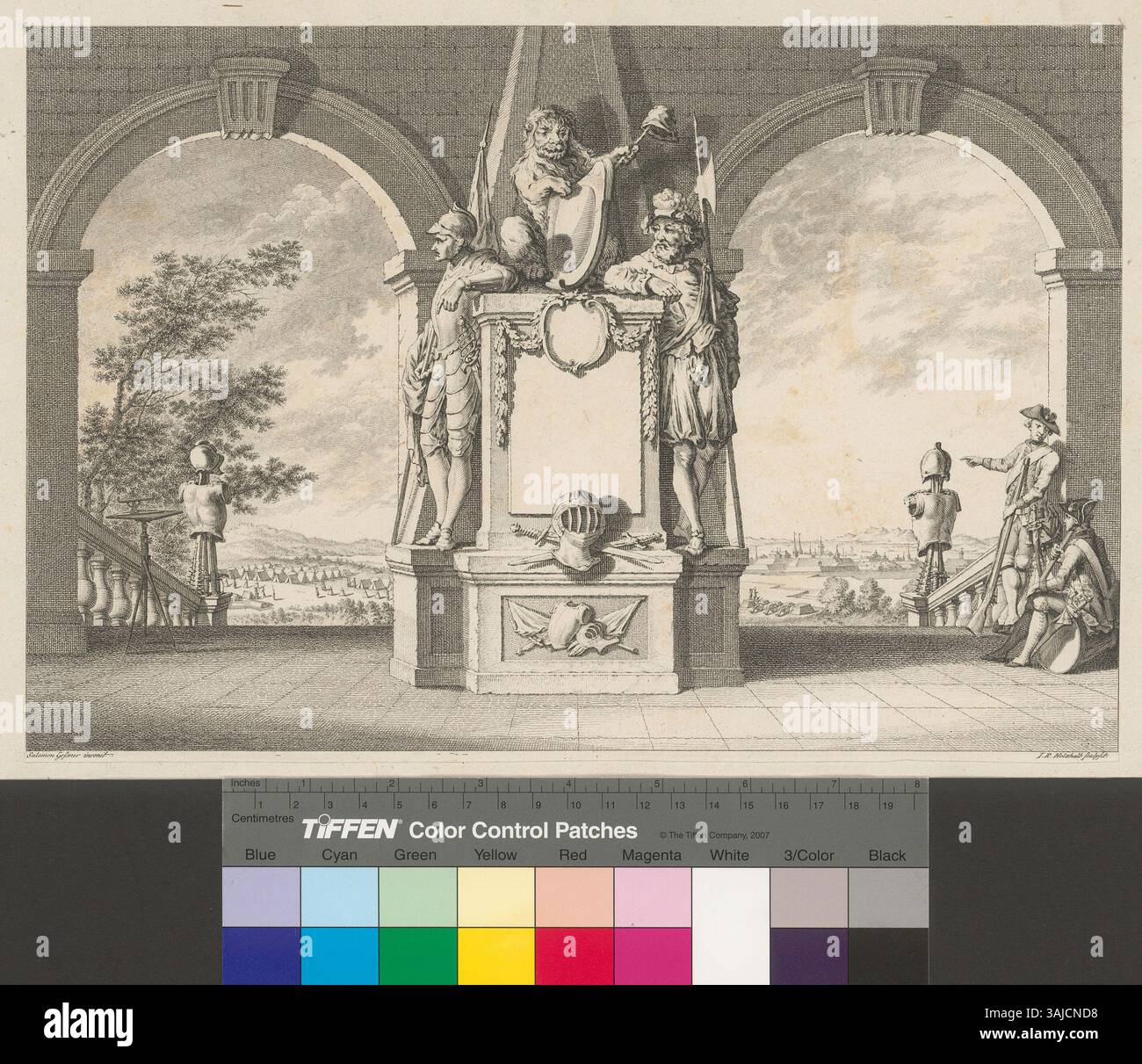 Il frontespizio del Zürichsee-album di Johann Jakob Hofmann, inciso da Salomon Gessner, presenta una vista di Zurigo dal Waid. Presenta una scultura di leone che regge lo stemma della città, circondata da soldati. Il lavoro è una rappresentazione storica chiave della zona. Foto Stock