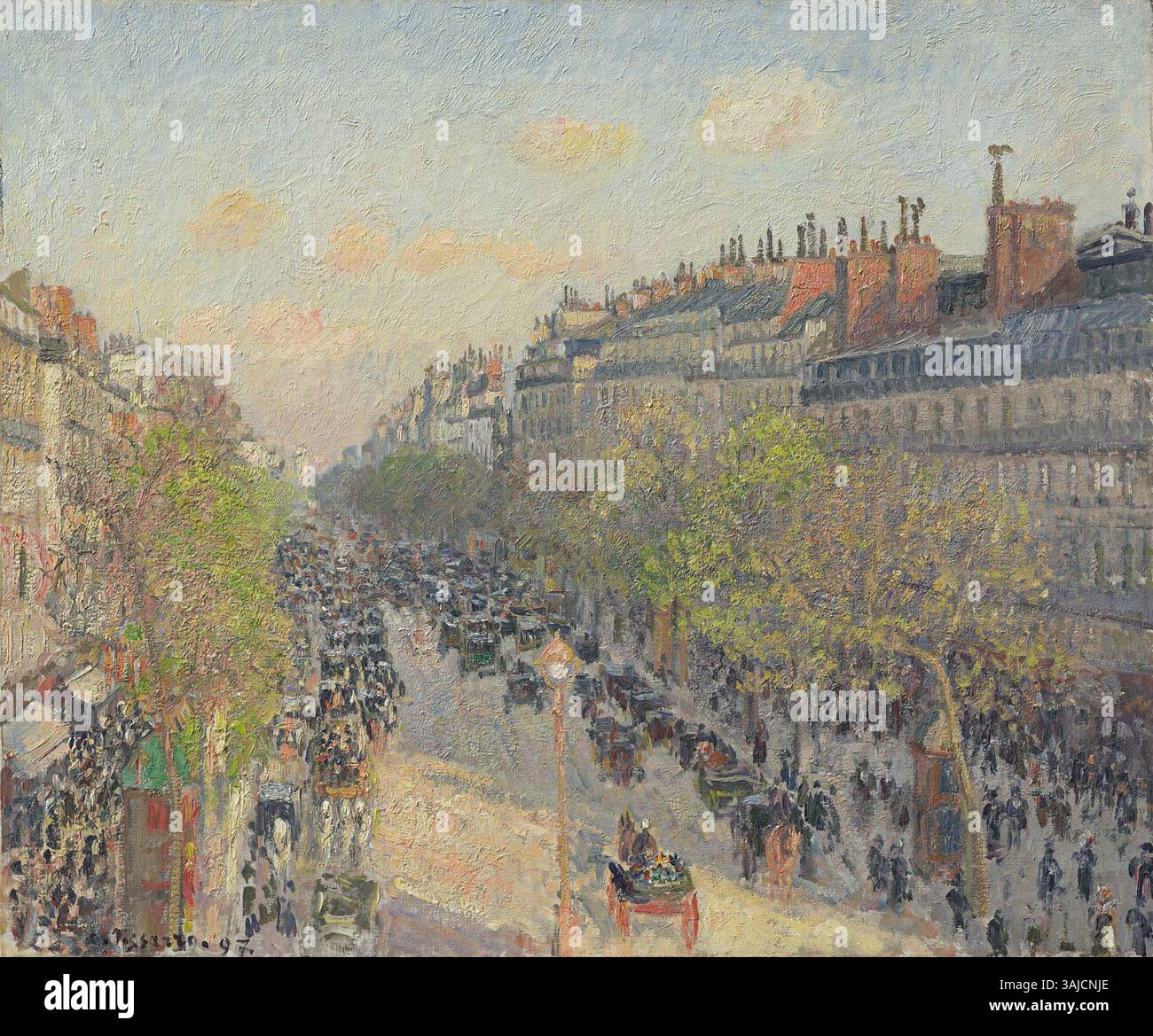 Il dipinto del 1897 di Camille Pissarro "Boulevard Montmartre, Twilight" cattura la vivace scena di strada parigina durante il crepuscolo, mostrando la sua abilità nel catturare la vita della città con pennellate impressioniste. Foto Stock