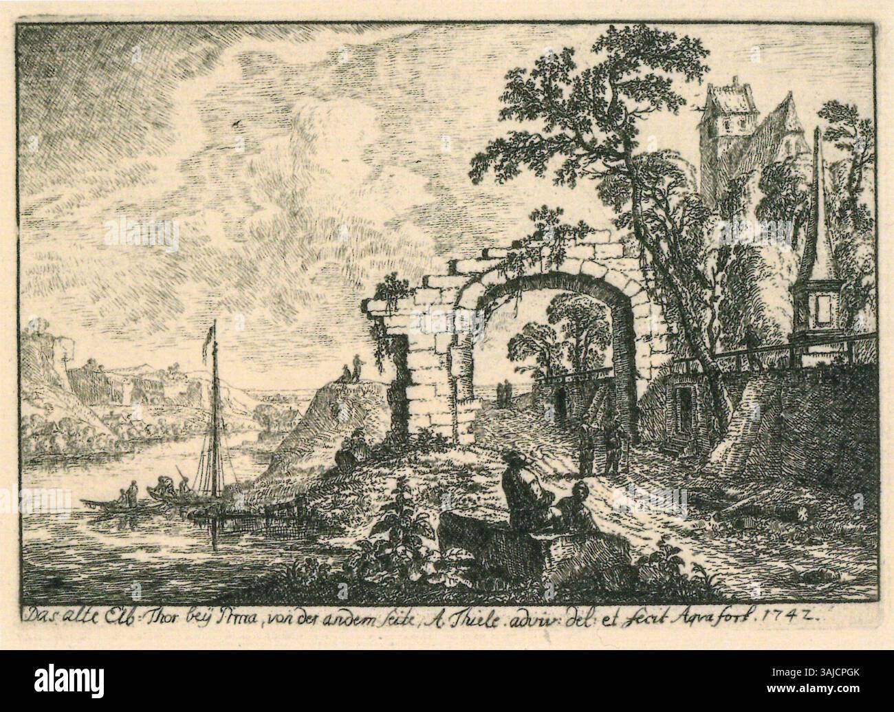 L'incisione di Johann Alexander Thiele Die Ruine des alten Elbtores in Pirna von Westen (1742) cattura la porta Elbtor in rovina a Pirna, mostrando l'abilità di Thiele nel rendere rovine architettoniche. L'incisione, dal Kupferstich-Kabinett Dresda, sottolinea le qualità pittoresche e storiche del sito. Foto Stock