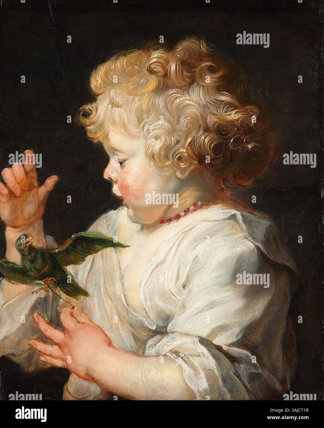 Un bambino con un uccello, dipinto da Peter Paul Rubens tra il 1614 e il 1625, è un ritratto che cattura l'innocenza dell'infanzia. Il ritratto, che raffigura un bambino che tiene in mano un uccello, riflette l'abilità di Rubens nel catturare sia l'emozione umana che i dettagli naturalistici, specialmente nelle texture e nell'espressione del soggetto. Foto Stock Un bambino con un uccello, dipinto da Peter Paul Rubens tra il 1614 e il 1625, è un ritratto che cattura l'innocenza dell'infanzia. Il ritratto, che raffigura un bambino che tiene in mano un uccello, riflette l'abilità di Rubens nel catturare sia l'emozione umana che i dettagli naturalistici, specialmente nelle texture e nell'espressione del soggetto. Foto Stock